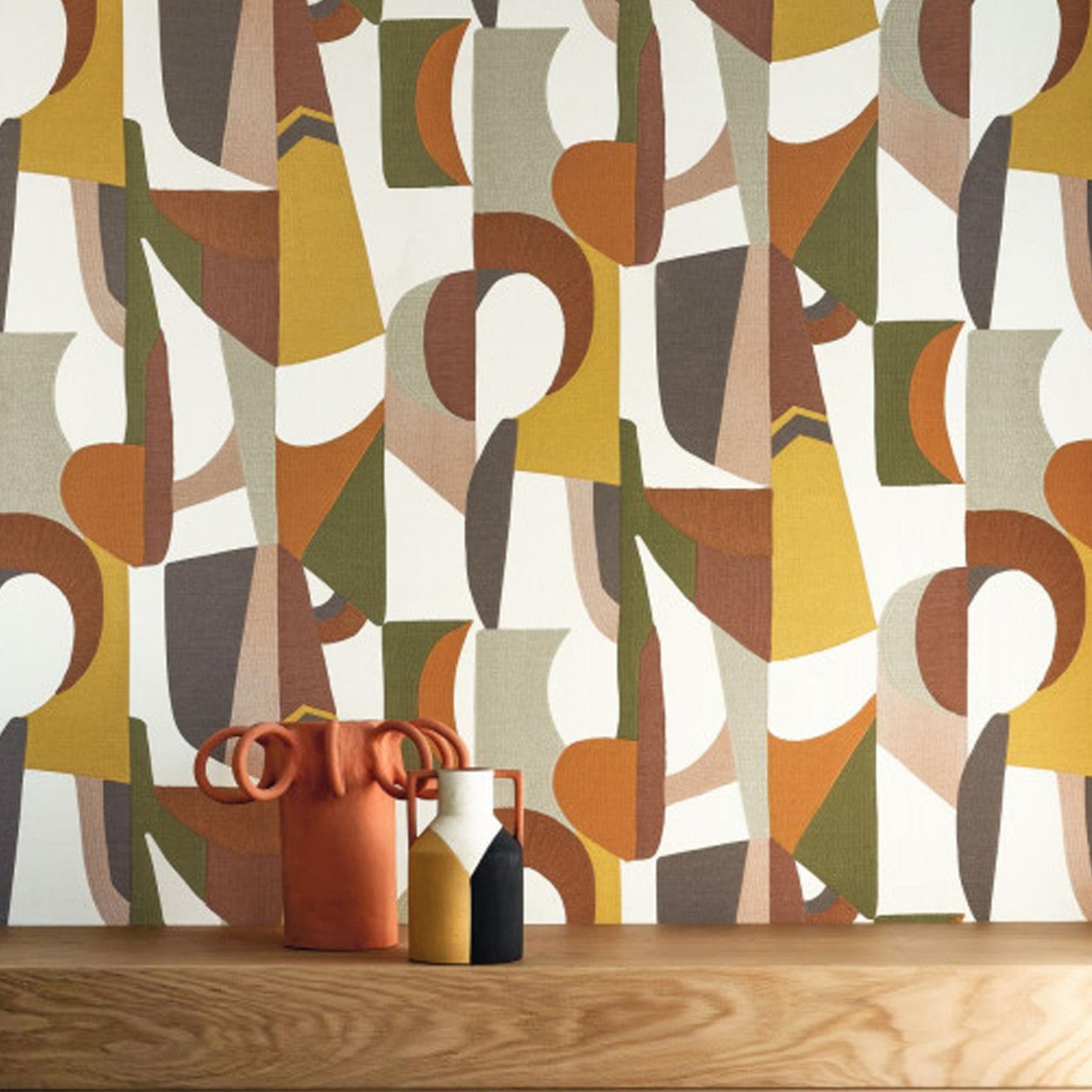 Structural wallpaper with abstract pattern ASSEMBLAGE - WHITE/MULTICO mustard with olive