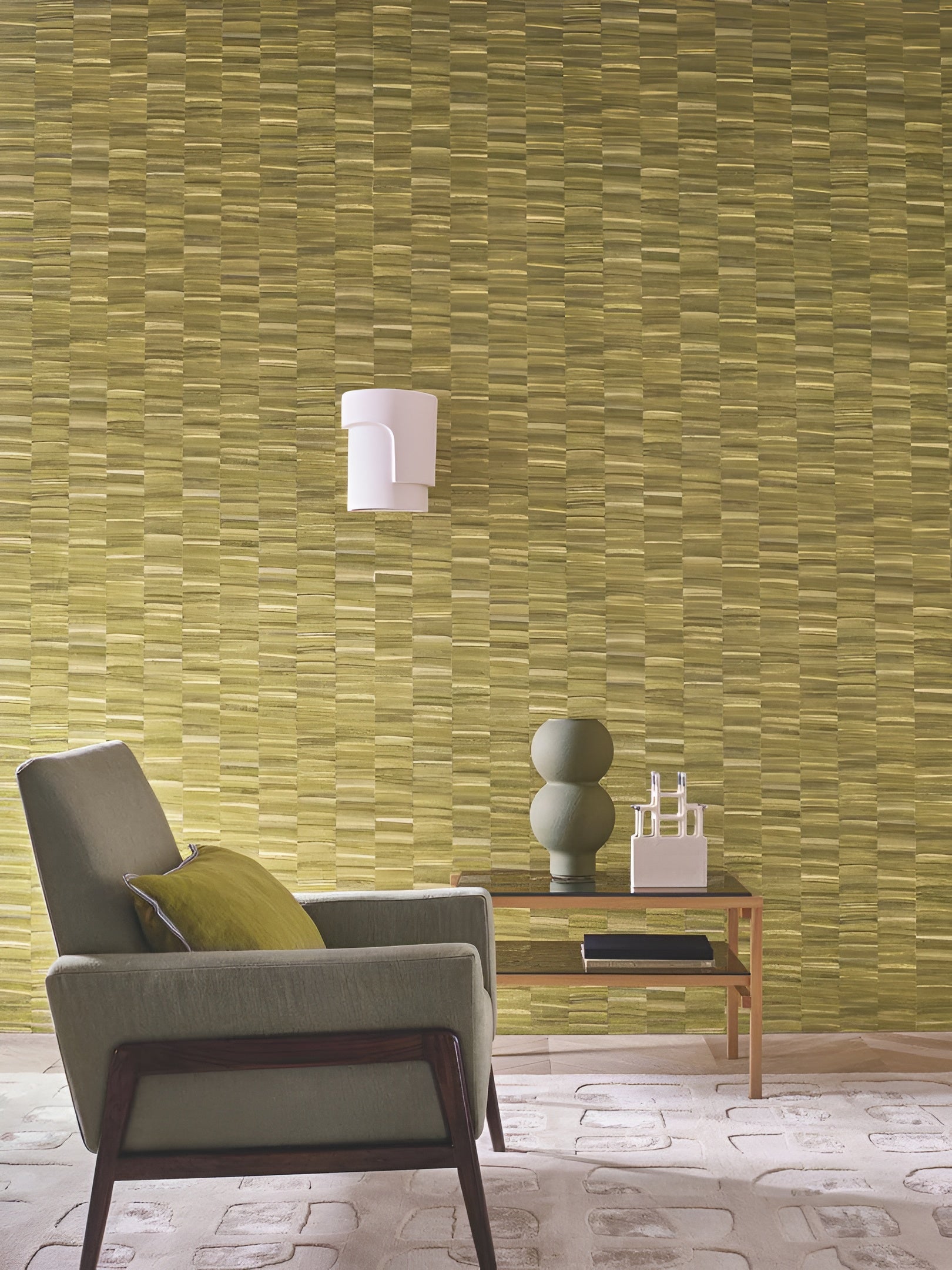 Structural wallpaper in stripes imitating a plant weave STYLOSA - OLIVE olive