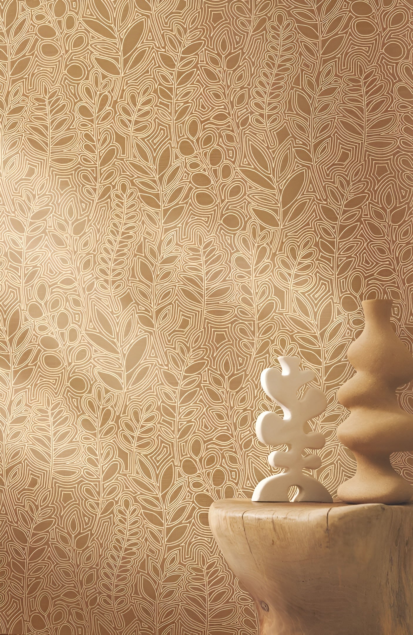 Wallpaper with a plant motif of leaves resembling embroidery ASTRAGALE - DARK GREEN KAKI