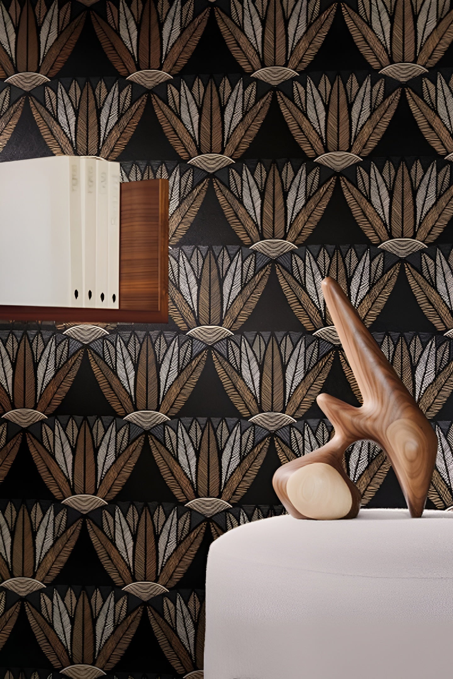 CASTALIA Lotus Flower Plant Motif Wallpaper - NOIR/MORDORE Black with Brown