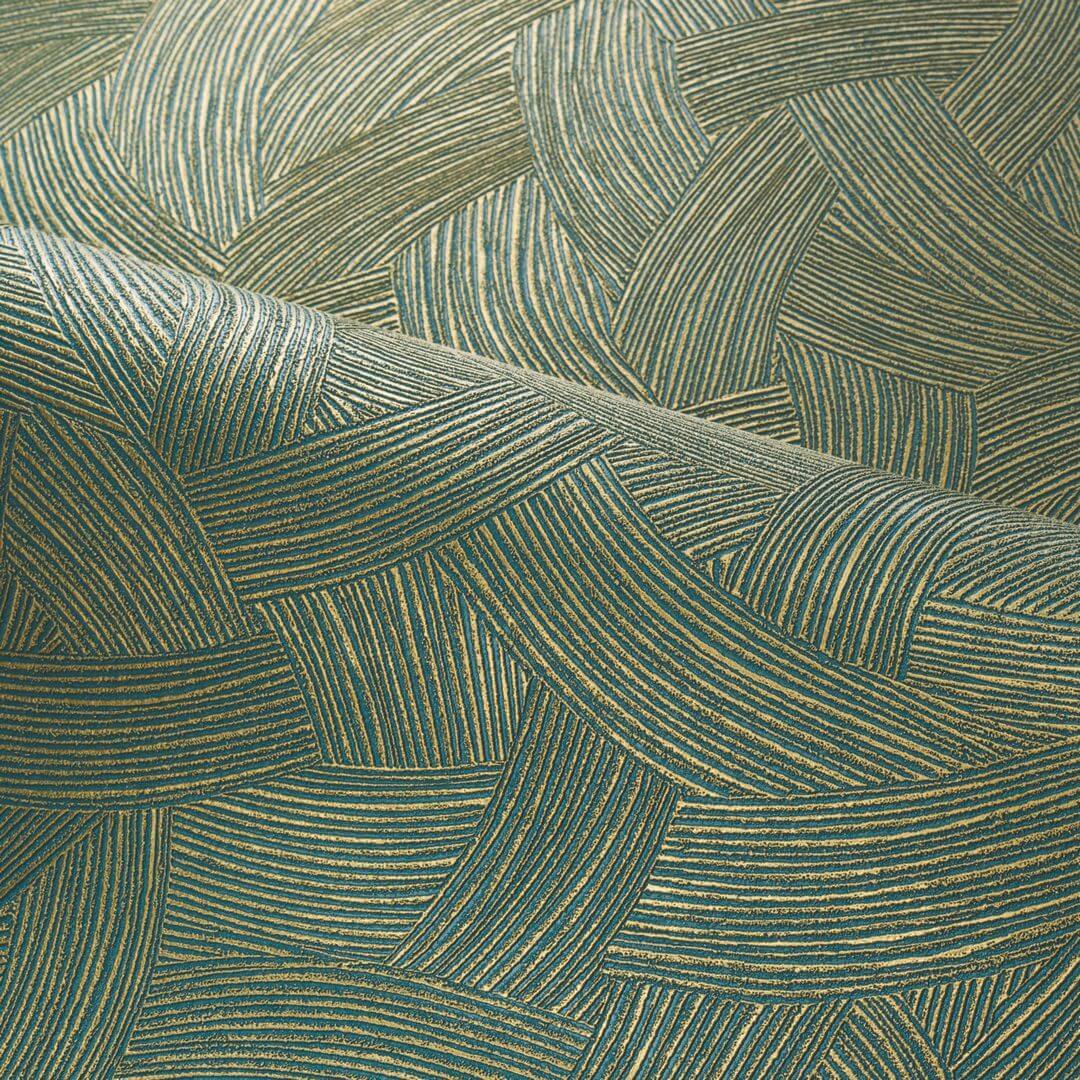 Metallic textured wallpaper with abstract pattern BERENICE - ÉMERAUDE/DORÉ emerald green with gold