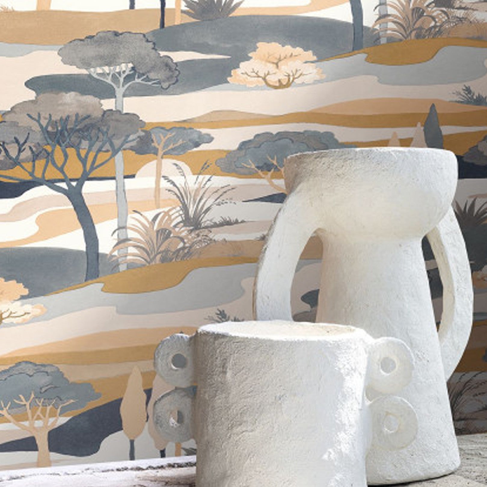 Landscape Wallpaper with Plant Motif CAP FERRET - BLEU PERSAN/AMBRE blue with gold