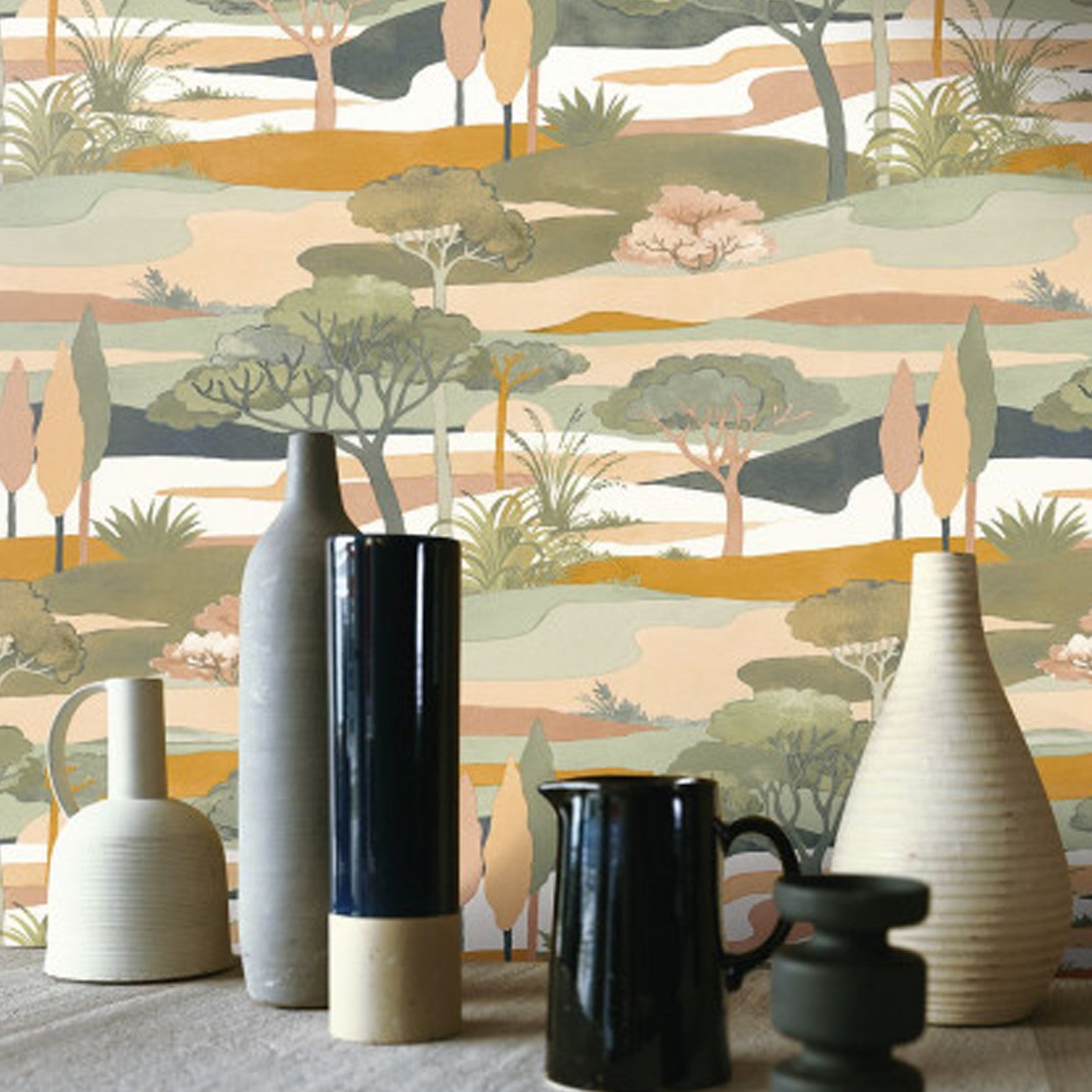 Landscape wallpaper with a botanical motif CAP FERRET - CÉLADON/AMBRE mint green with gold