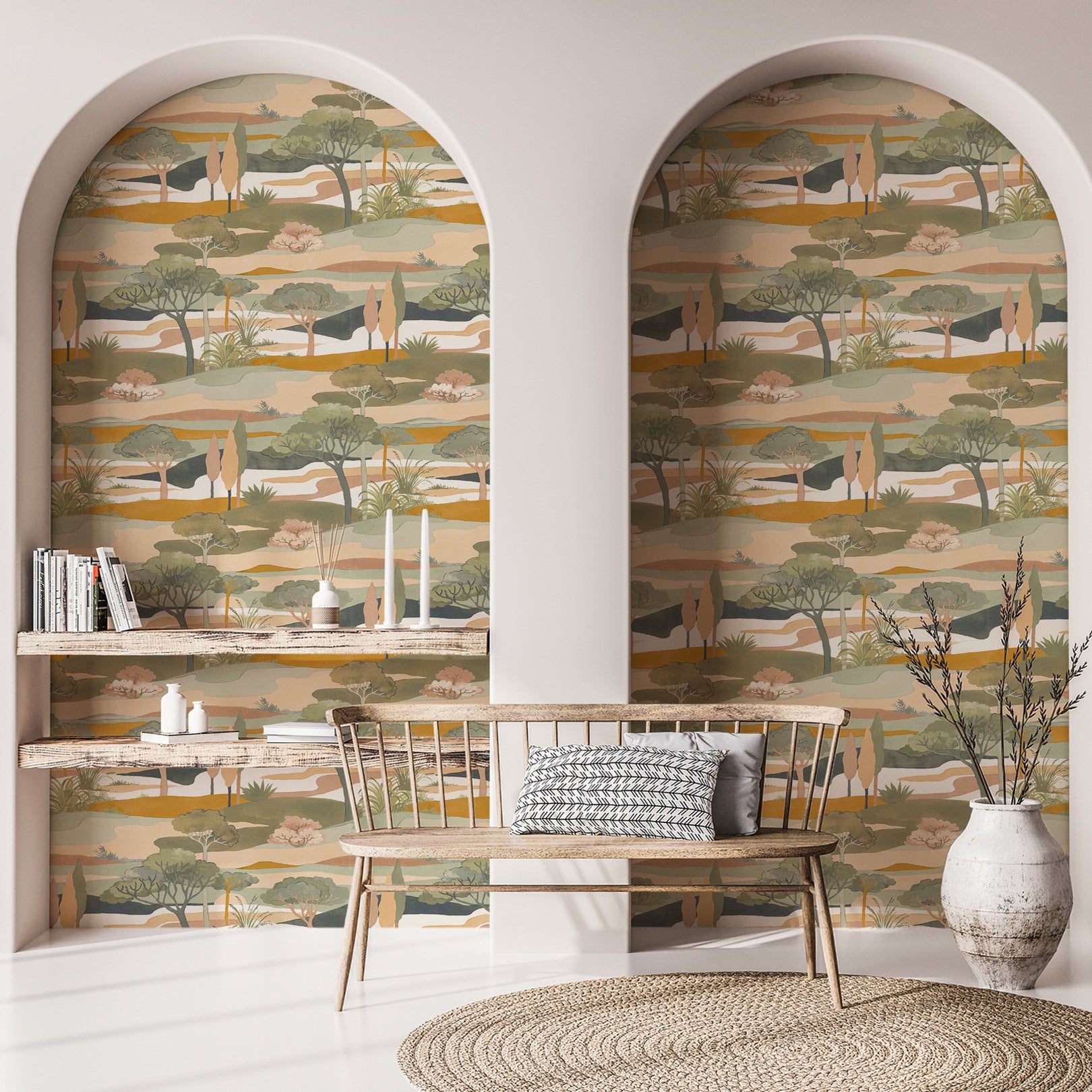 Landscape wallpaper with a botanical motif CAP FERRET - CÉLADON/AMBRE mint green with gold