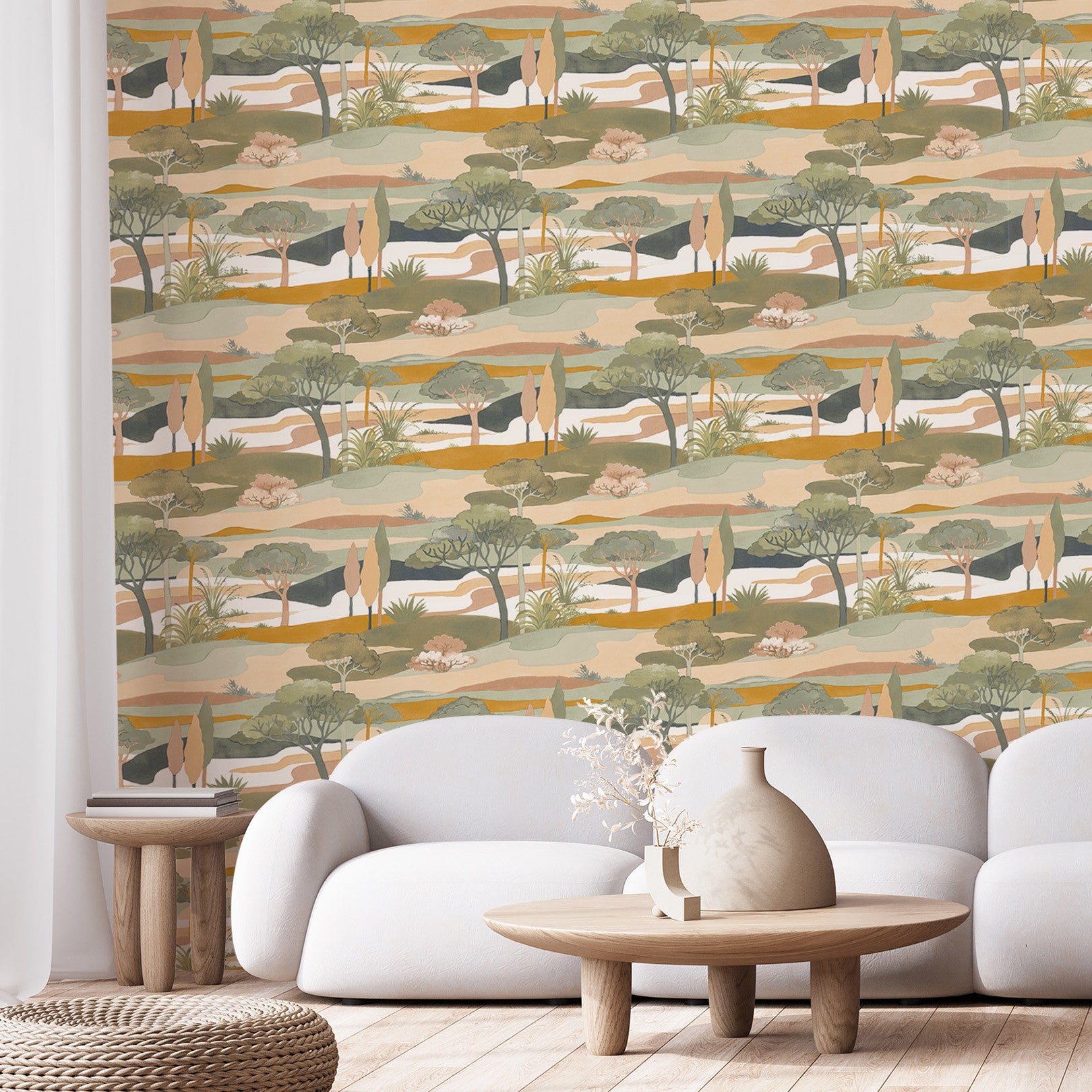 Landscape wallpaper with a botanical motif CAP FERRET - CÉLADON/AMBRE mint green with gold