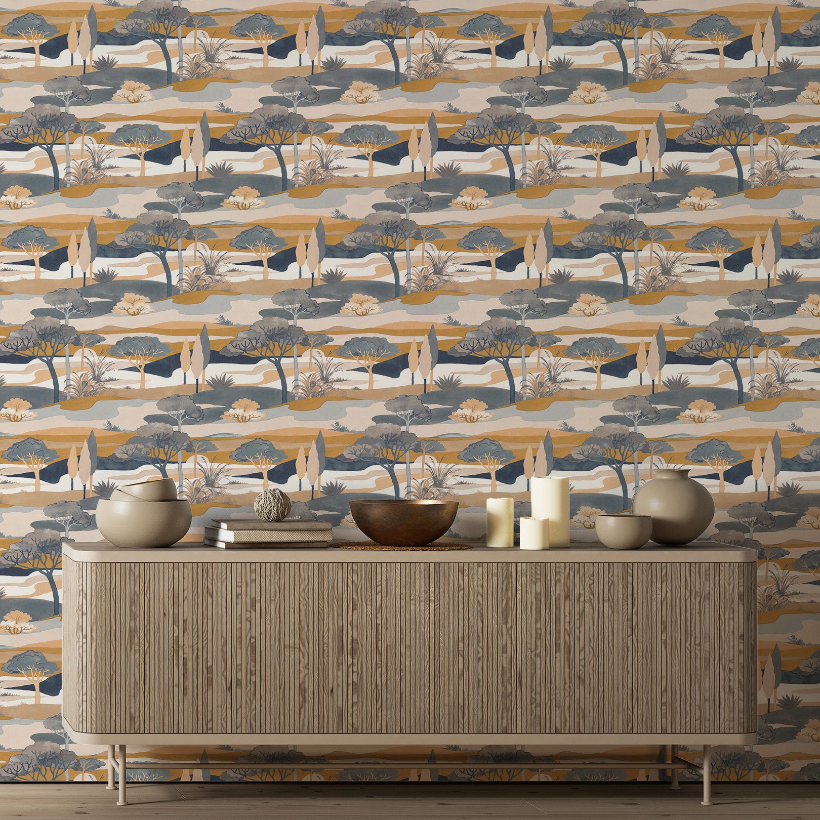 Landscape Wallpaper with Plant Motif CAP FERRET - BLEU PERSAN/AMBRE blue with gold