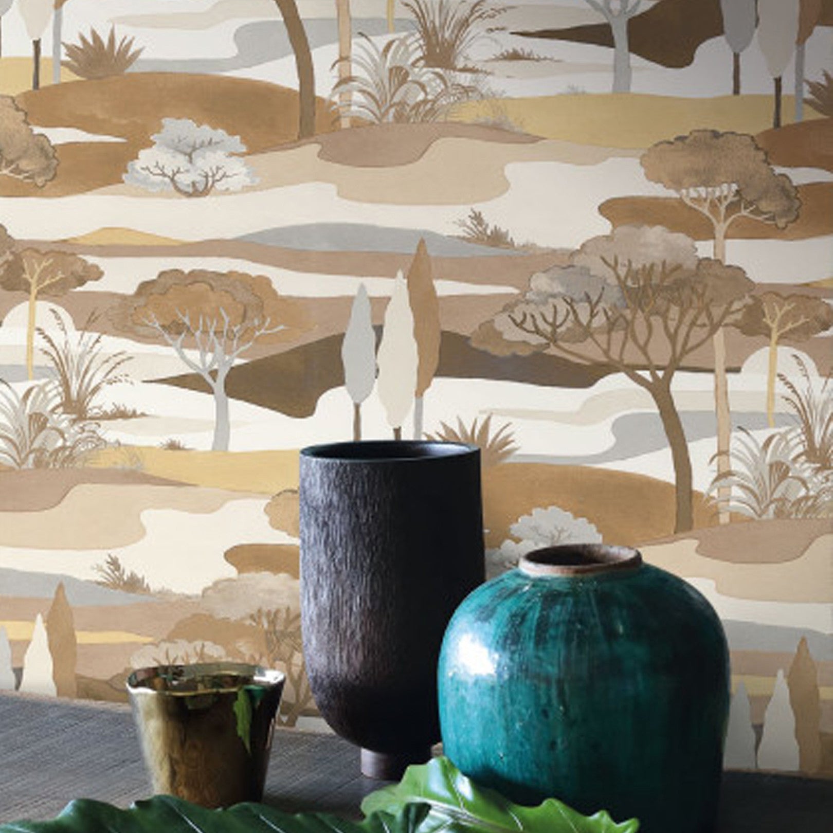 Landscape Wallpaper with Plant Motif CAP FERRET - SABLE/LATTE Coffee Brown with Beige