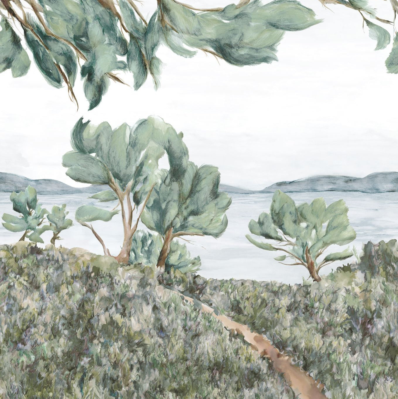 Wandbild mit Pflanzenlandschaft FELIX - SALBEI/CELADON mintgrün mit Blau