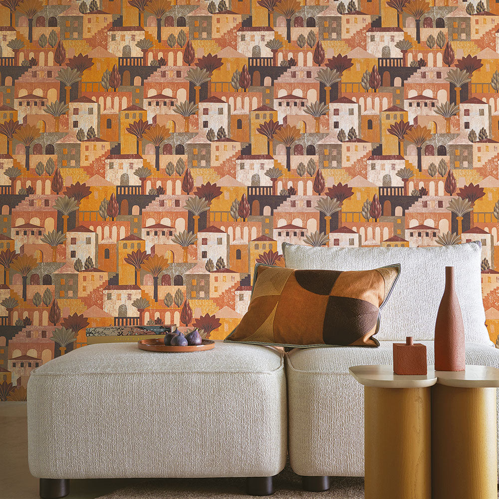 Structural wallpaper with a city landscape MONTEROSSO - KHAKI/MUSTARD khaki with mustard