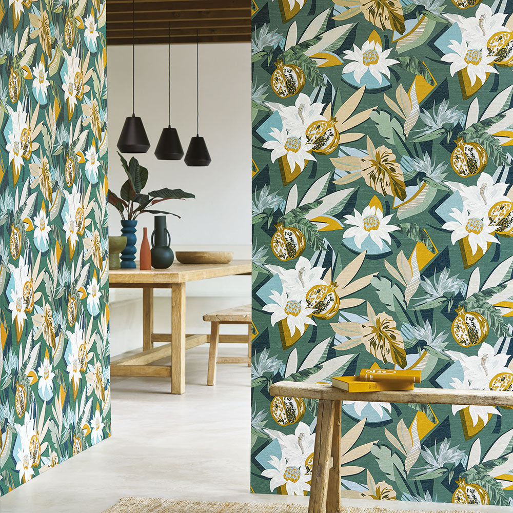 Strukturtapete mit Pflanzenmotiv SALVADOR - EMERAUDE/MOUTARDE smaragdgrün mit senfgelb