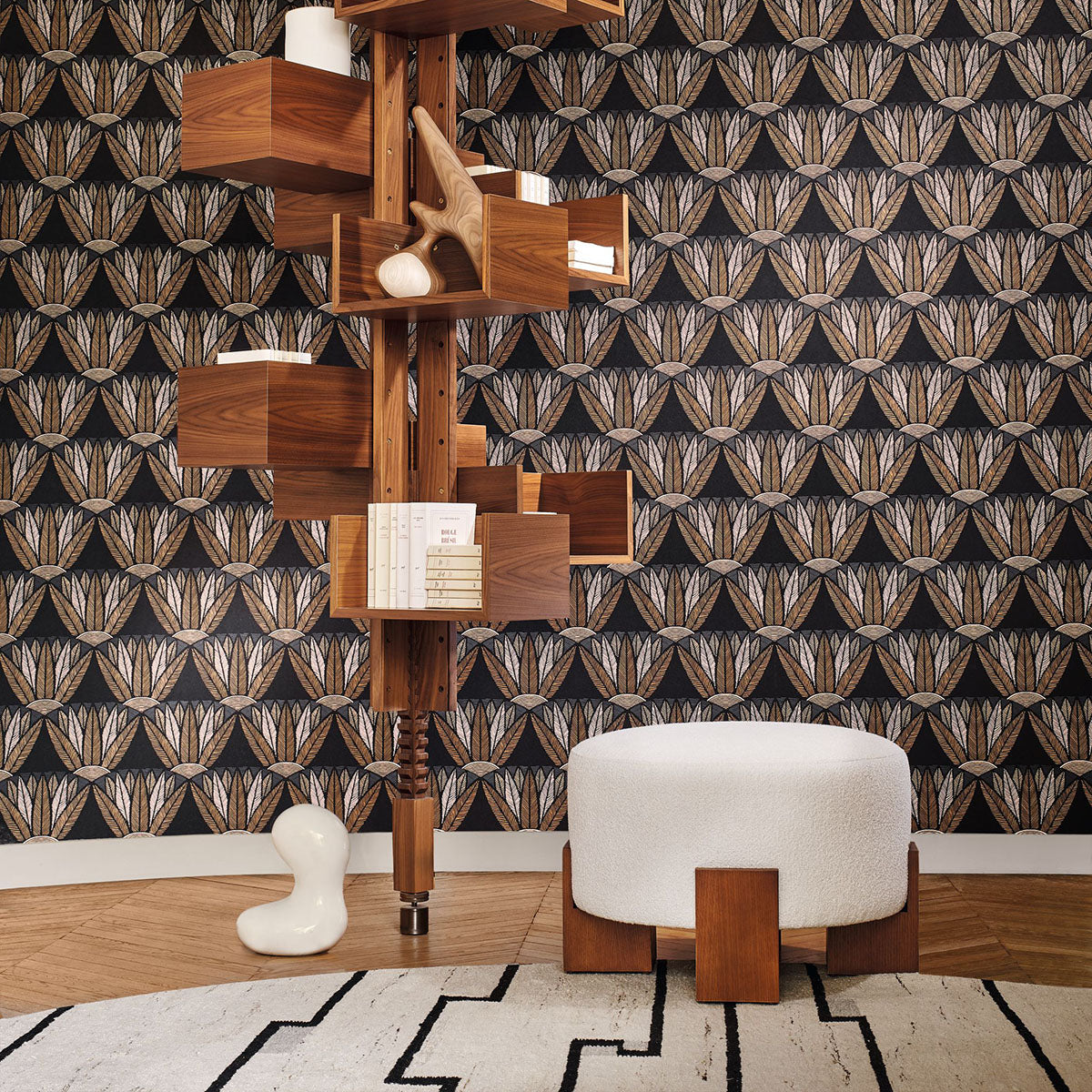 CASTALIA Lotus Flower Plant Motif Wallpaper - NOIR/MORDORE Black with Brown