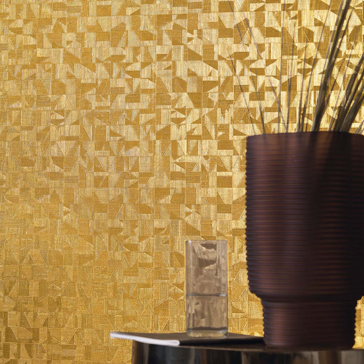Metallic Structural Wallpaper with Mosaic Pattern TIZNIT - ACAJOU/DORE Dark Brown with Gold