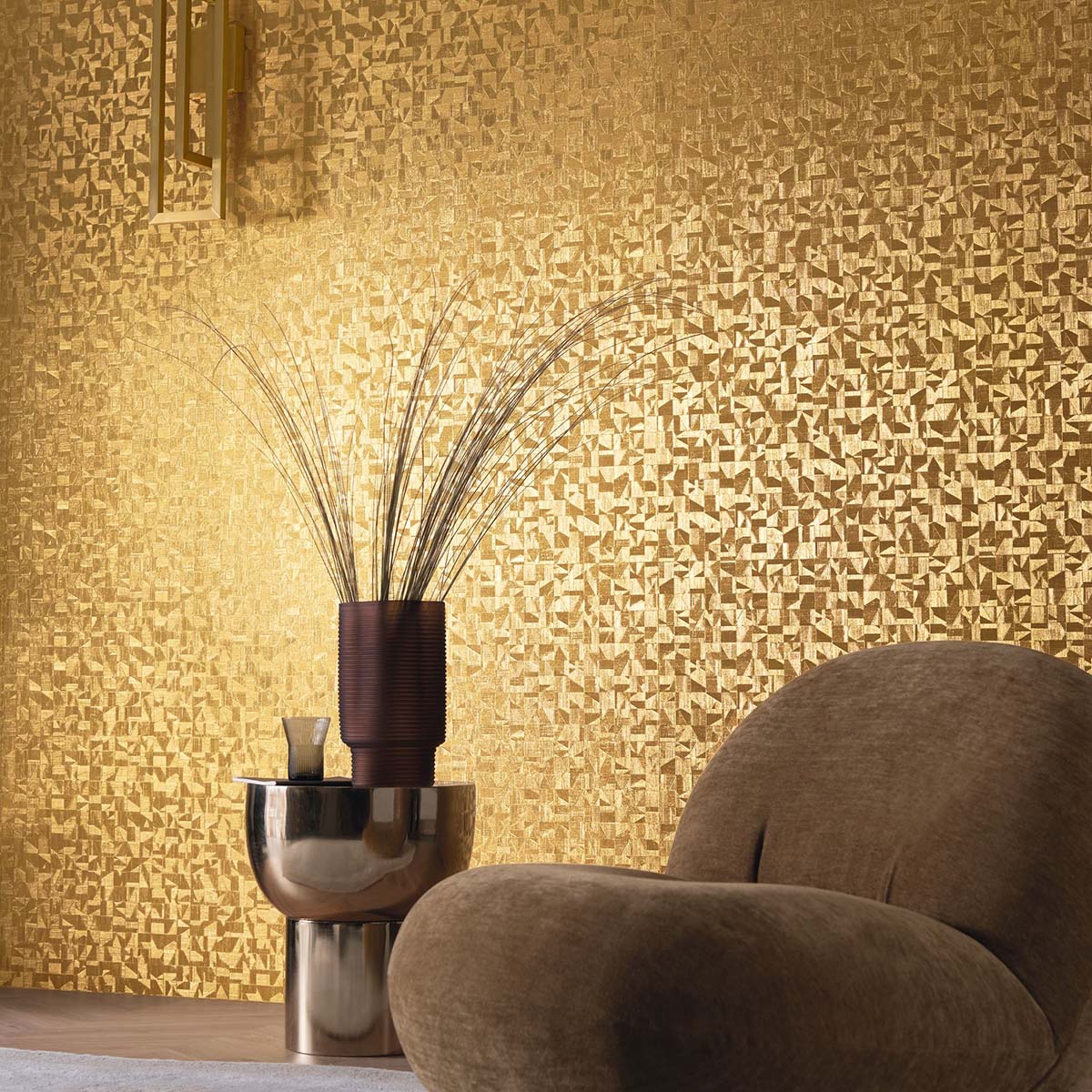 Metallic Structural Wallpaper with Mosaic Pattern TIZNIT - ACAJOU/DORE Dark Brown with Gold