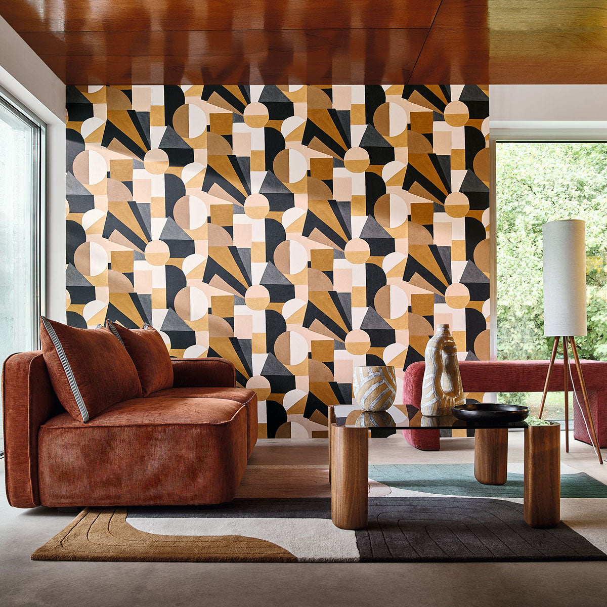 Sonia Geometric Pattern Textured Wallpaper - Anthracite/Gold