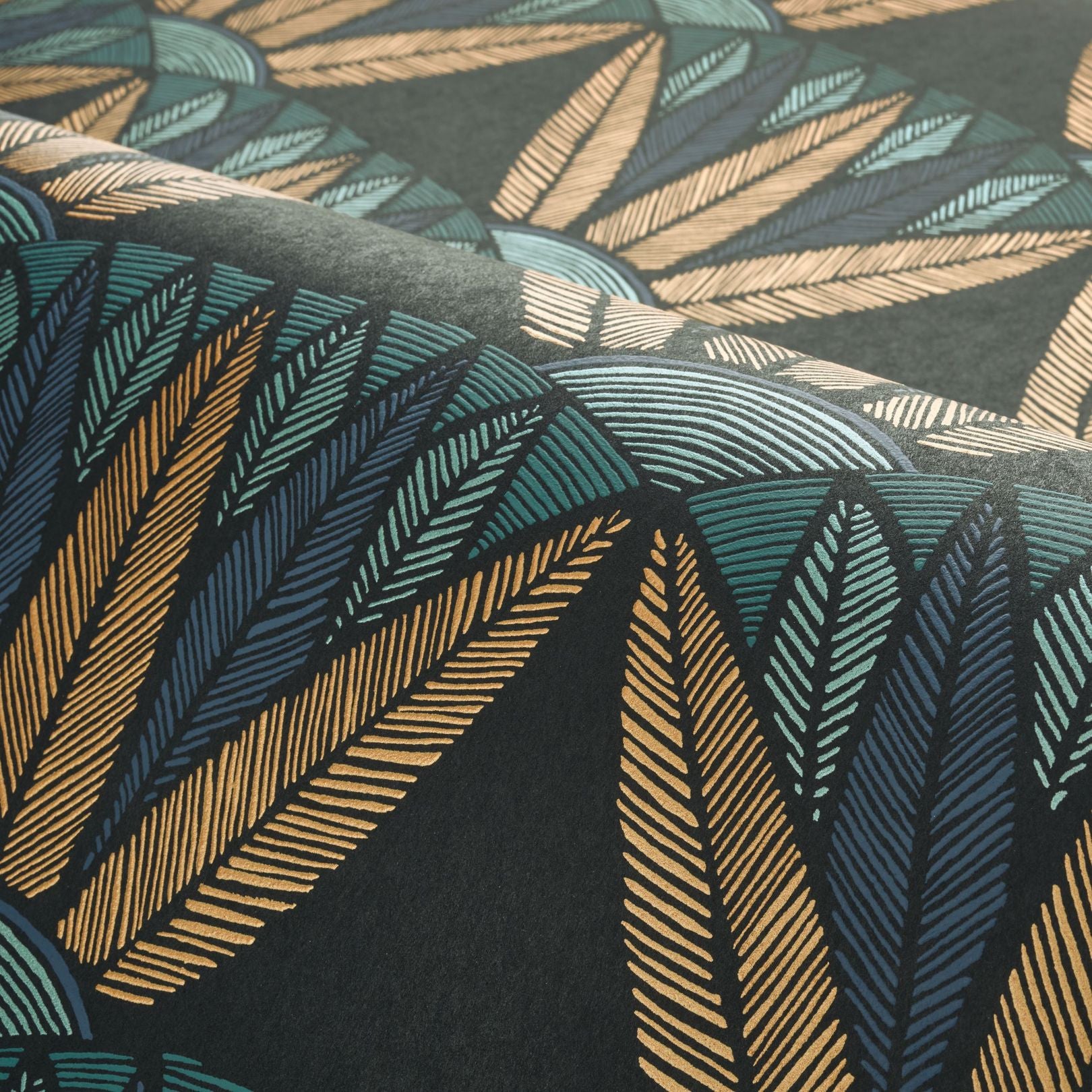 Tapete mit Pflanzenmotiv von Lotusblumen CASTALIA - NOIR/TOPAZE schwarz mit blau