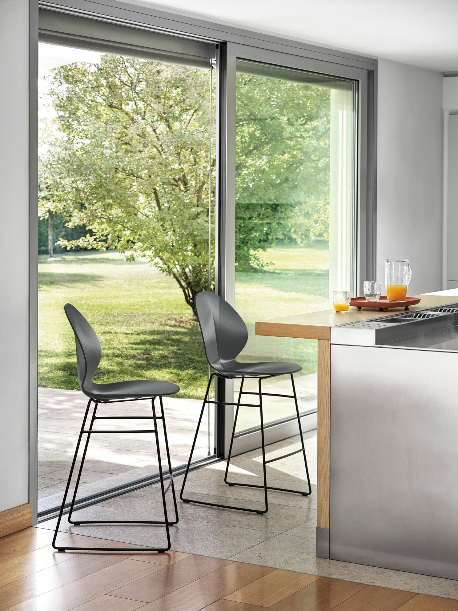 BASIL bar stool taupe seat with chrome metal base