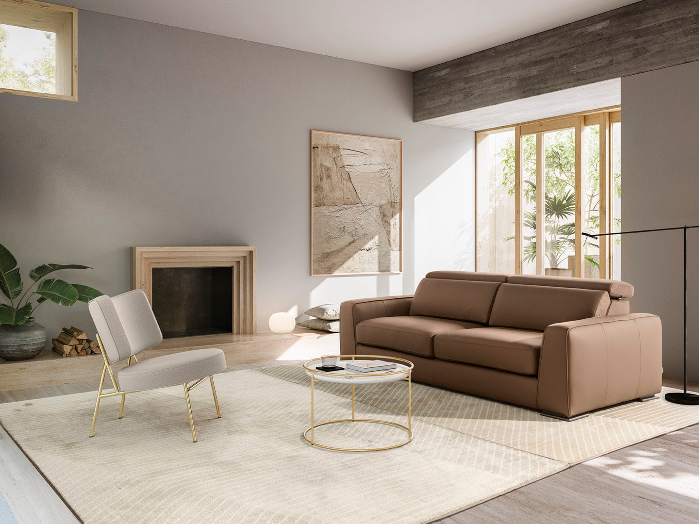 Upholstered COCO armchair with a golden base