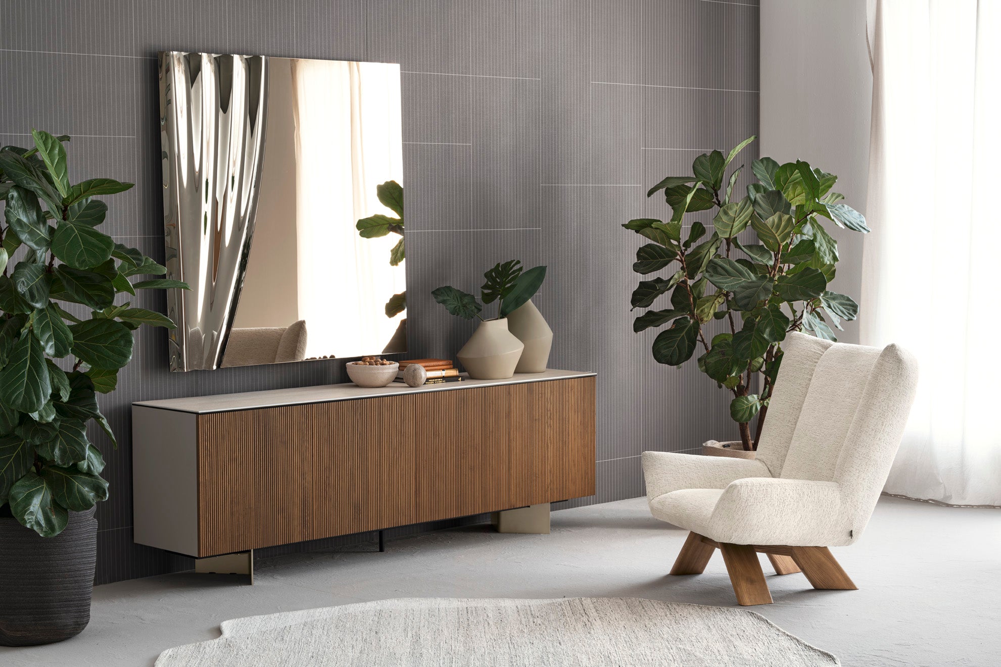 Upholstered armchair DALIA with walnut base