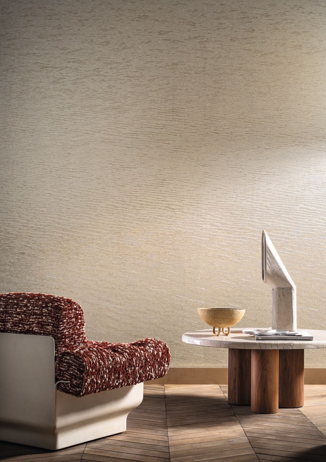 Textile mural with wave motif CÔME light gold