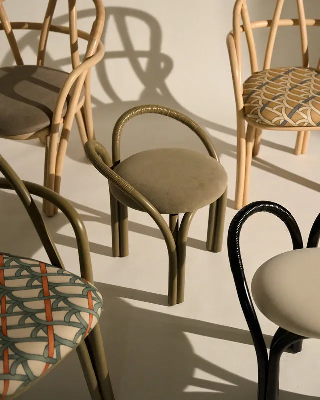 Upholstered BISTRA Stool with Rattan Base