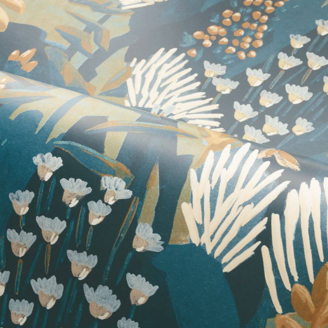 Wallpaper with a plant motif of leaves and flowers ERICA - MARINE/DARK GREEN