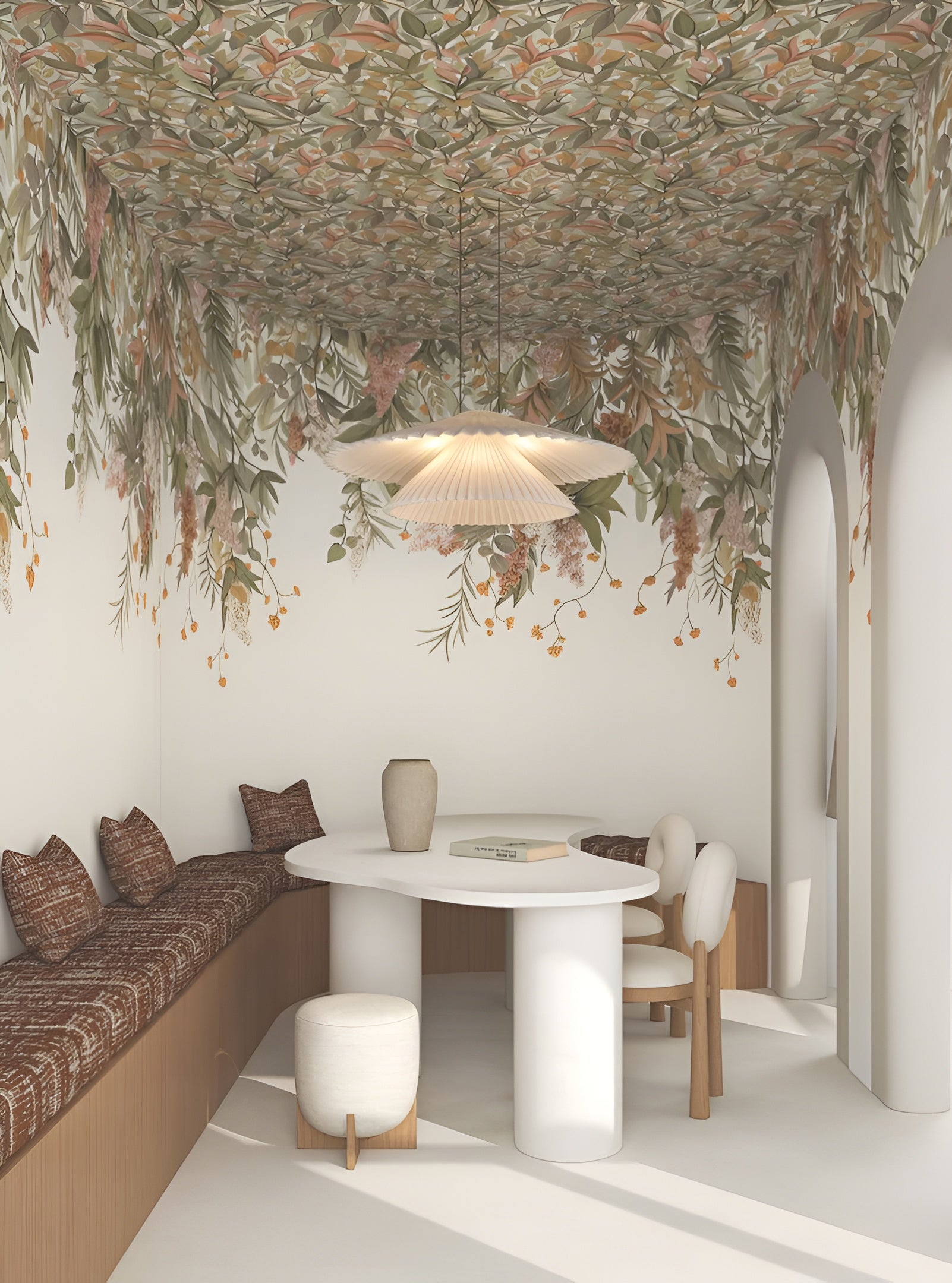 Wallpaper with a plant motif of SOLANDRA leaves - IVORY/ALMOND GREEN ivory with green