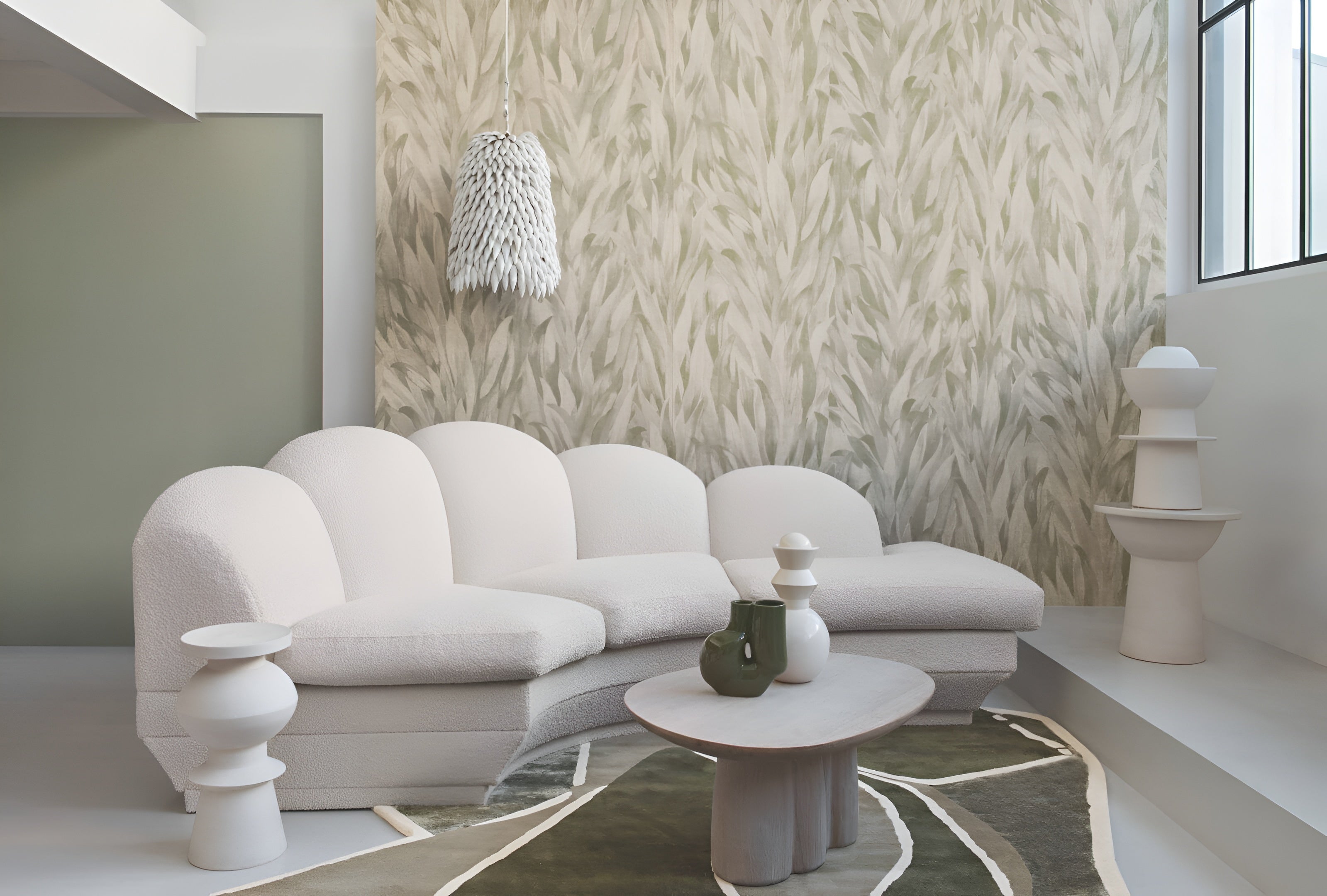 Textile wallpaper with a plant leaf pattern NOLINE - GRÈGE gray with beige