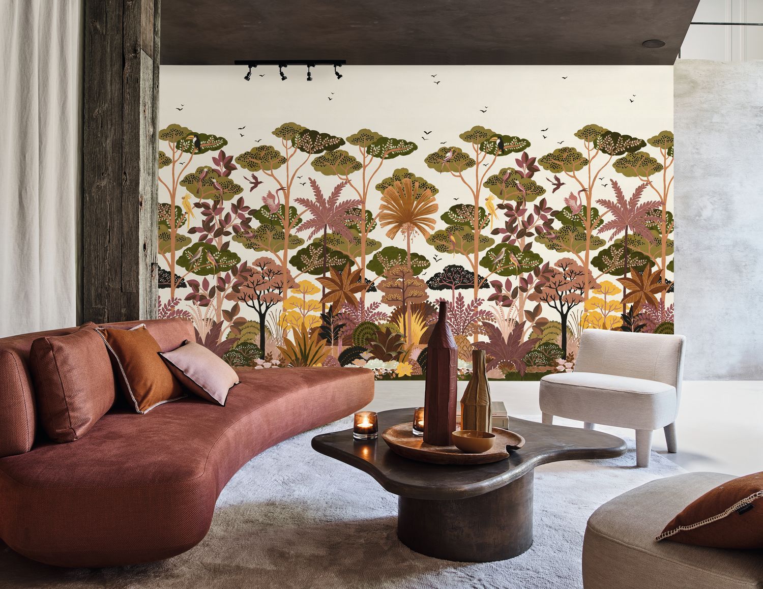 Structural mural with a plant motif of KANDY trees - WHITE/MULTICO beige with green