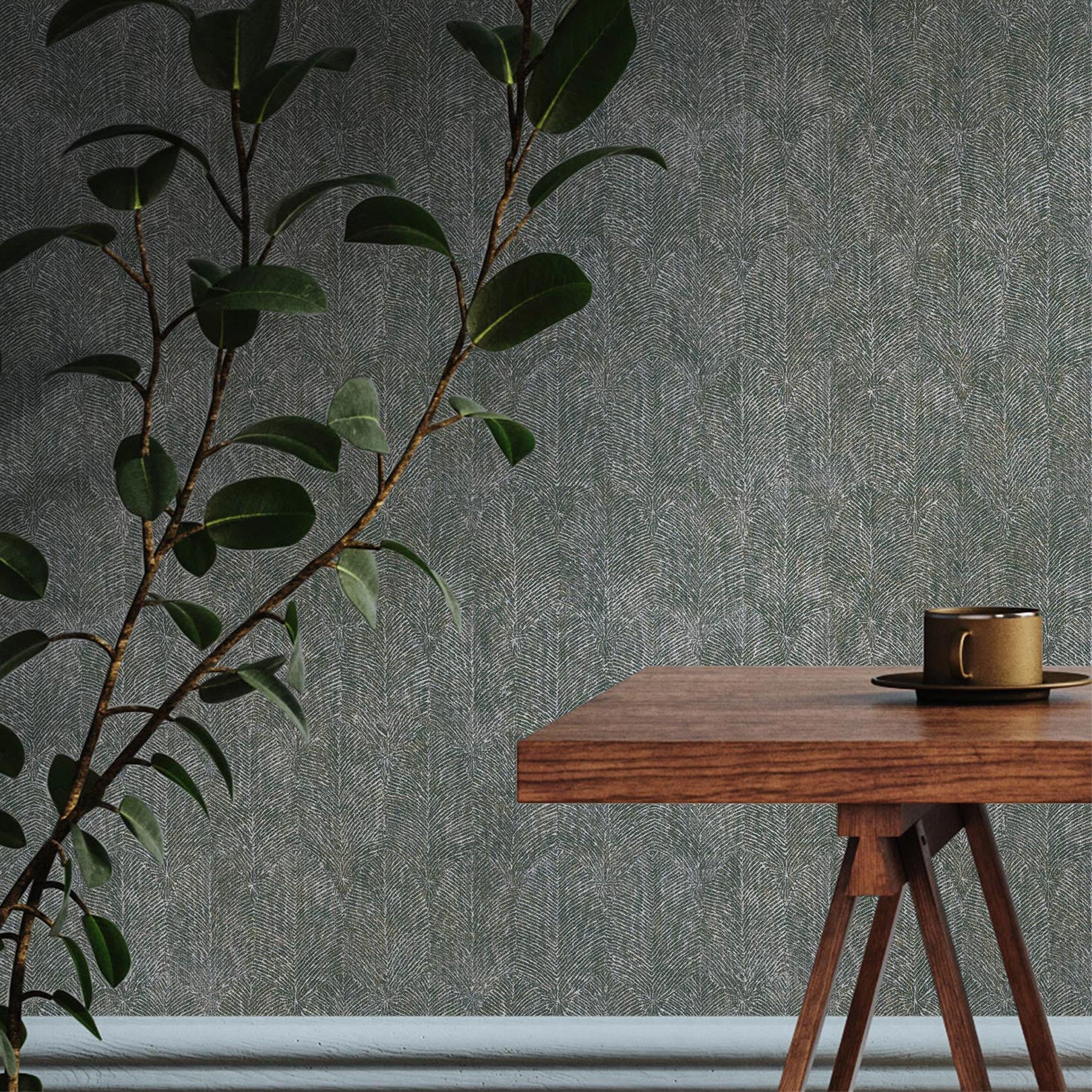 Structural wallpaper with a plant motif of ISABELLINE leaves - VERT IMPERIAL green