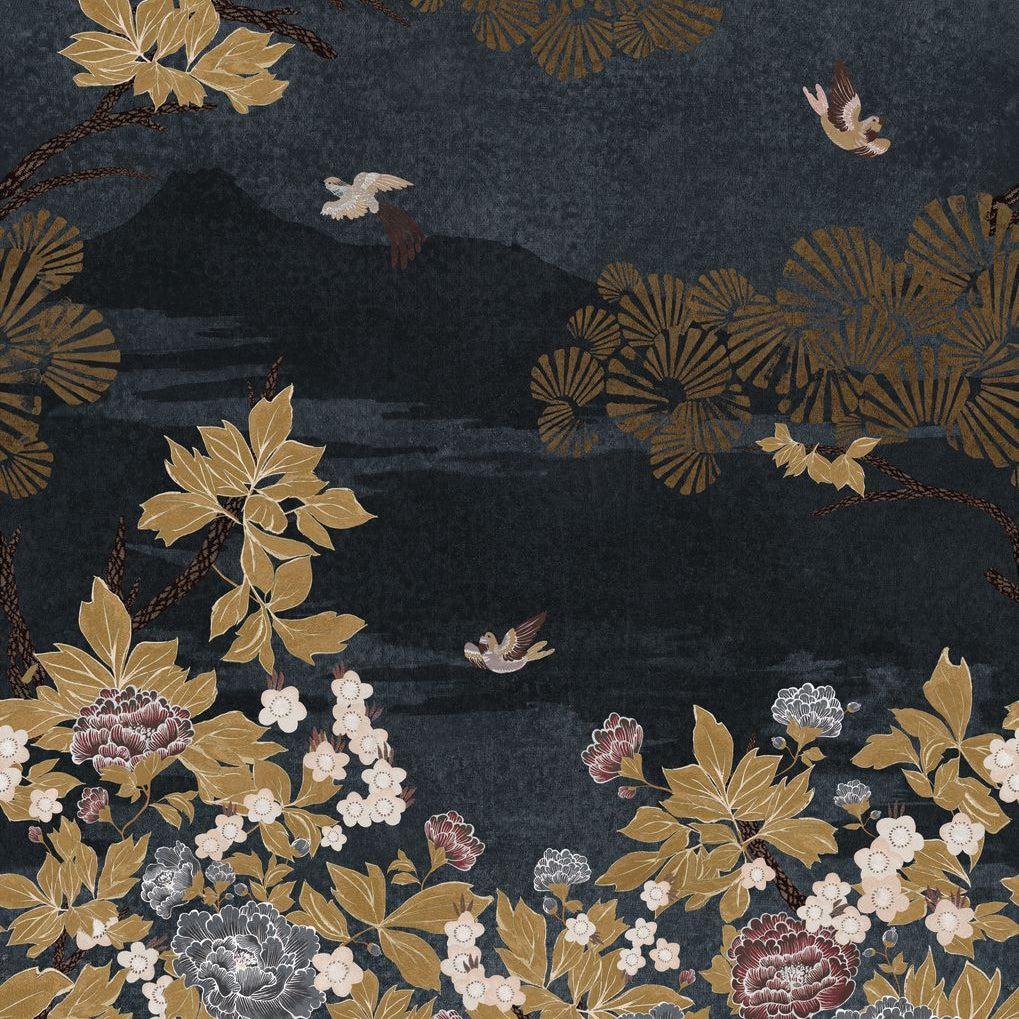 Mural with a plant motif of KANSAI leaves - BLUE/GOLD navy blue with gold