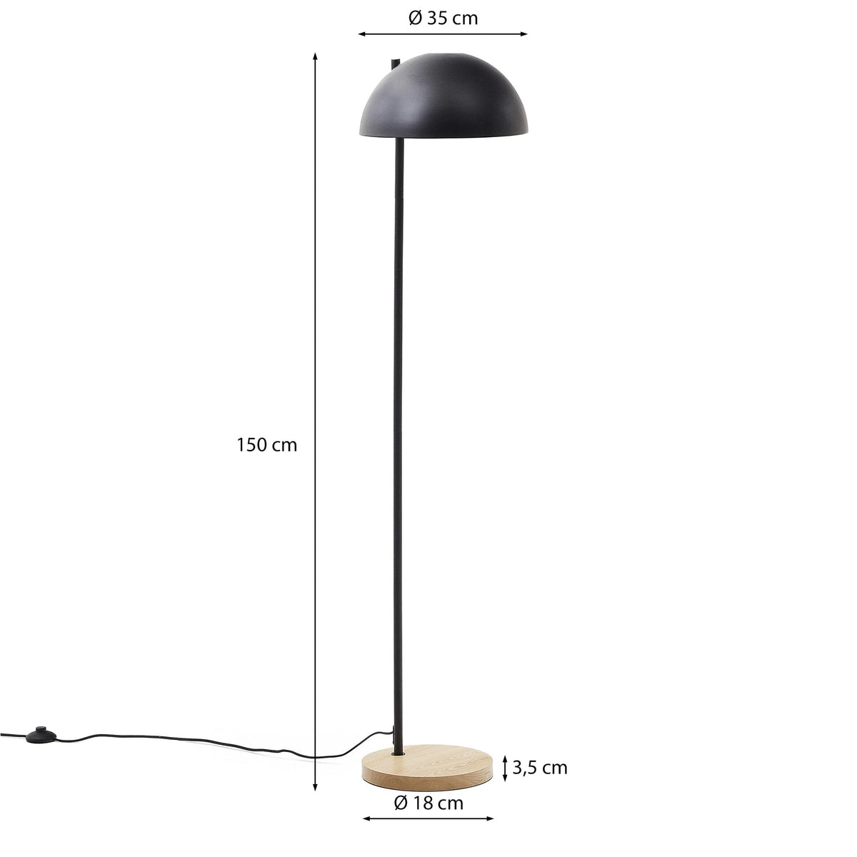 Lampa podłogowa CATLAR czarny metal z drewnem jesionowym – wymiary