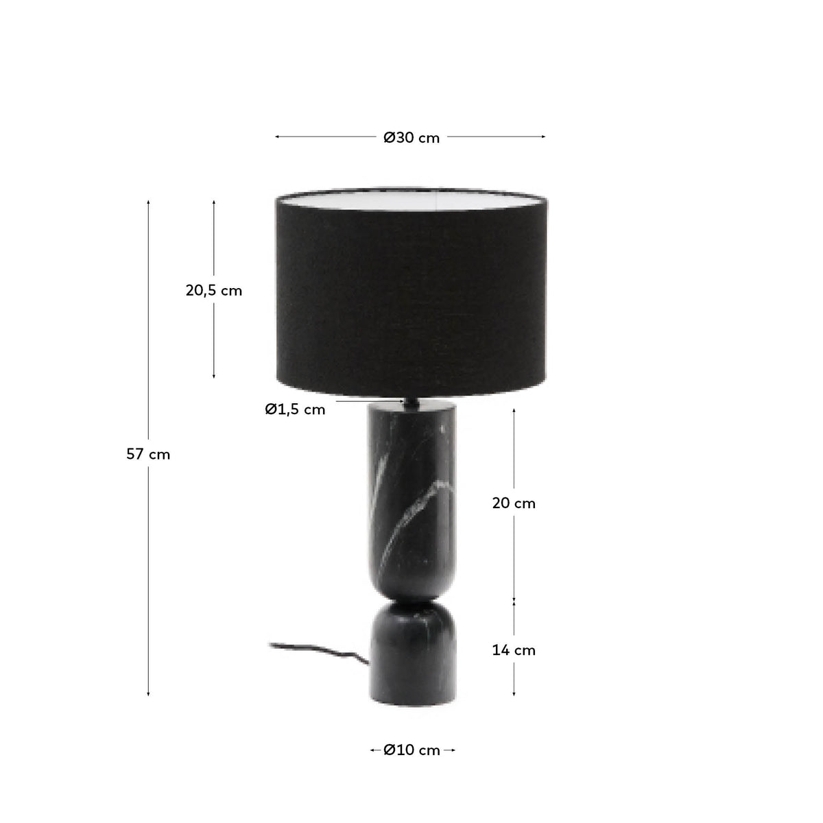 Lampa stołowa VEX czarny marmur z lnianym kloszem – wymiary