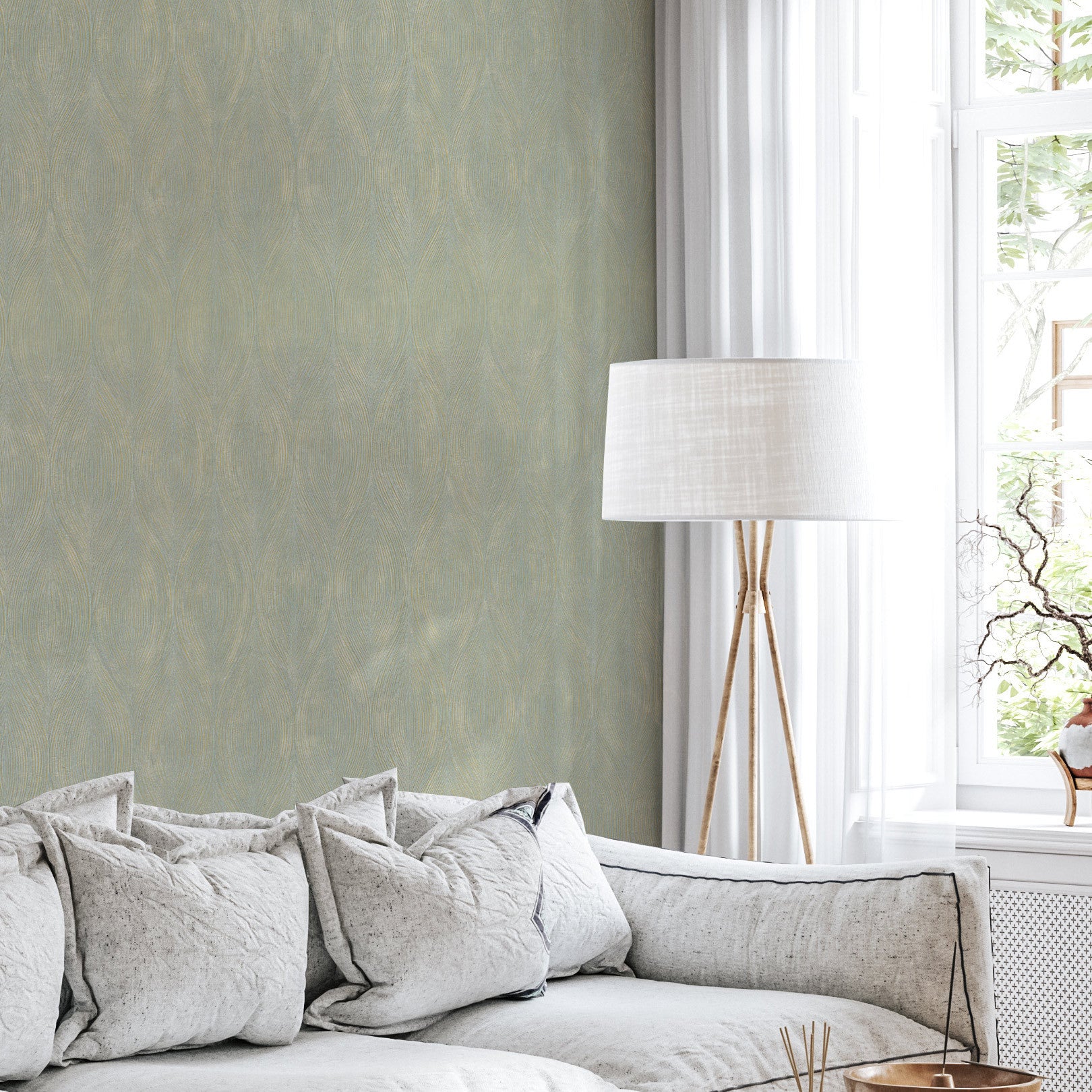 Metallic textured wallpaper with abstract pattern KERAMOS - OPALINE/DORÉ muted green