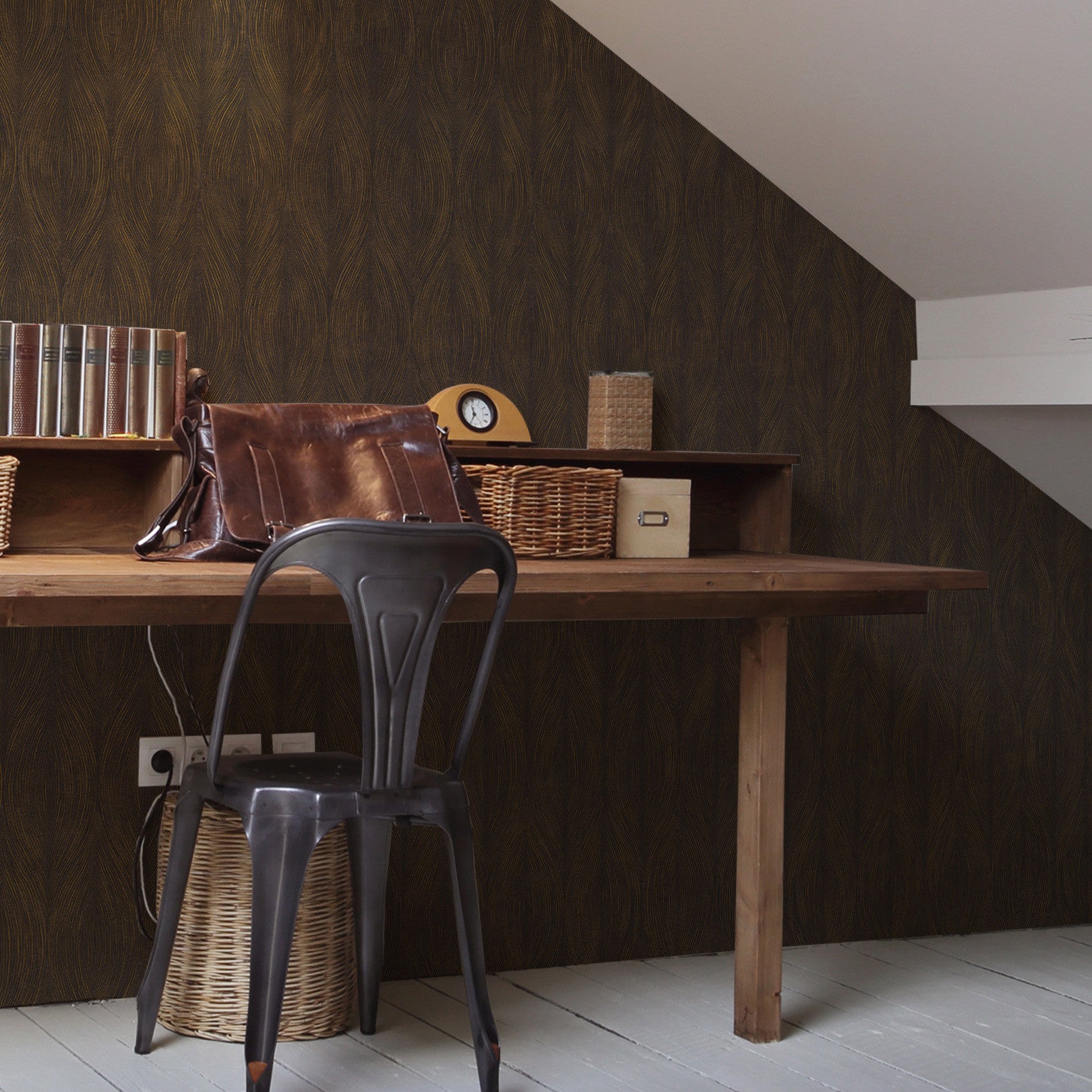 Metallic Structural Wallpaper with Abstract Pattern KERAMOS - ÉBÈNE/DORÉ Dark Brown