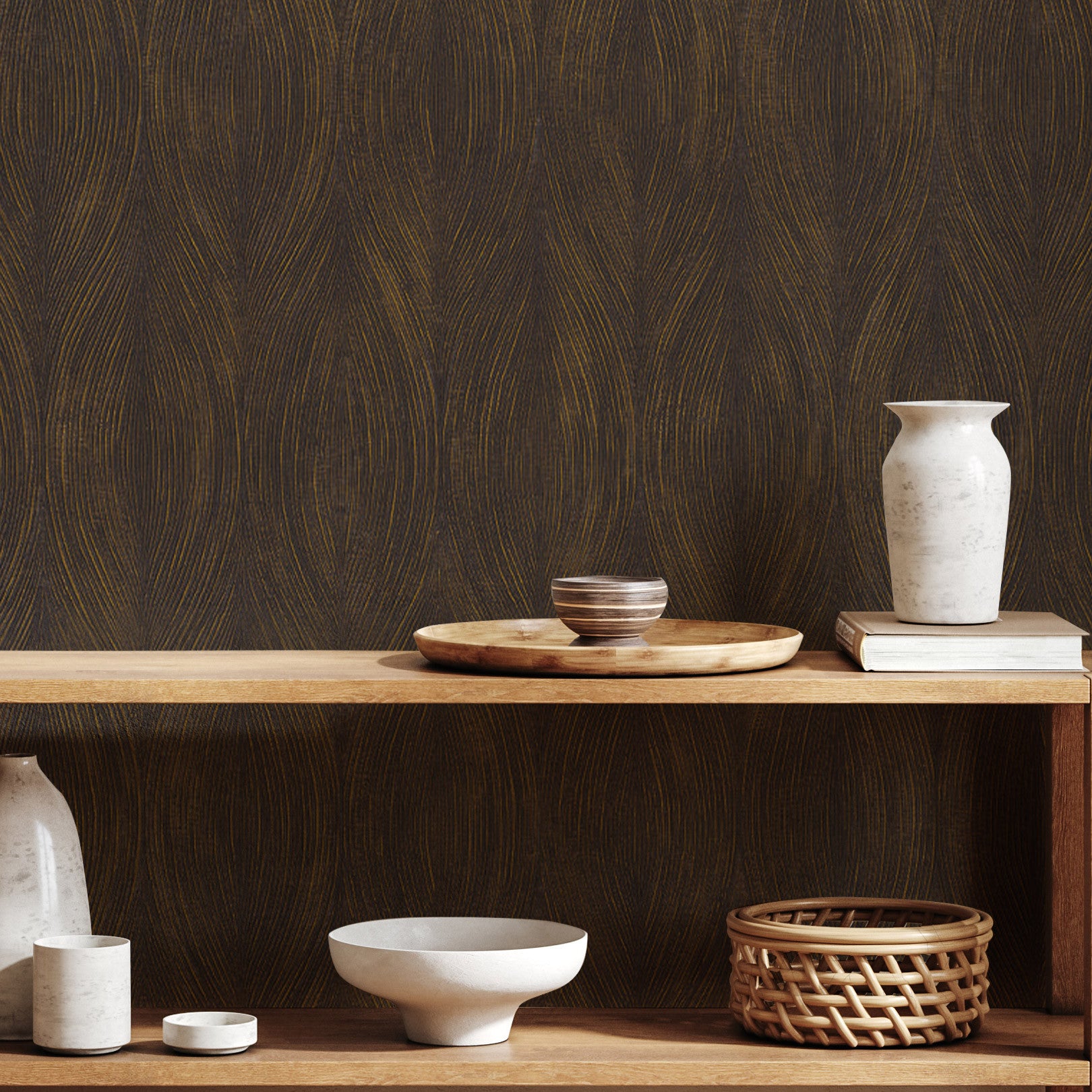 Metallic Structural Wallpaper with Abstract Pattern KERAMOS - ÉBÈNE/DORÉ Dark Brown