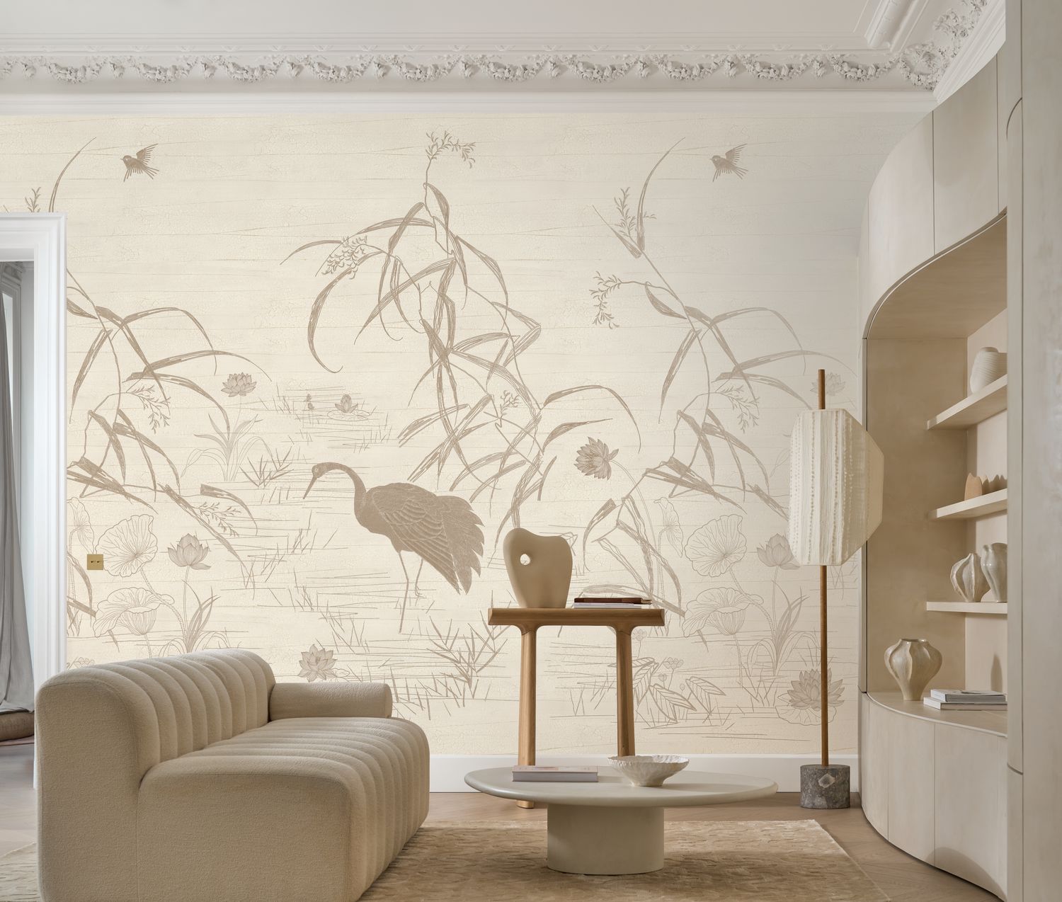 Wandbild mit Pflanzen- und Vogelmotiv NUIDO in Mintgrün mit Beige