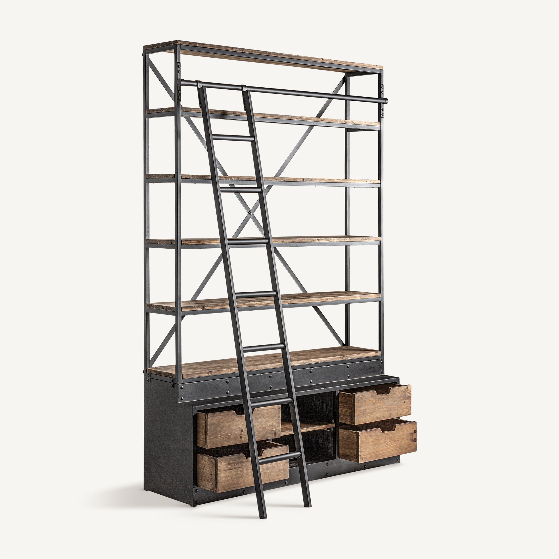 Regal IVALO aus recyceltem Kiefernholz mit metallischer Oberfläche
