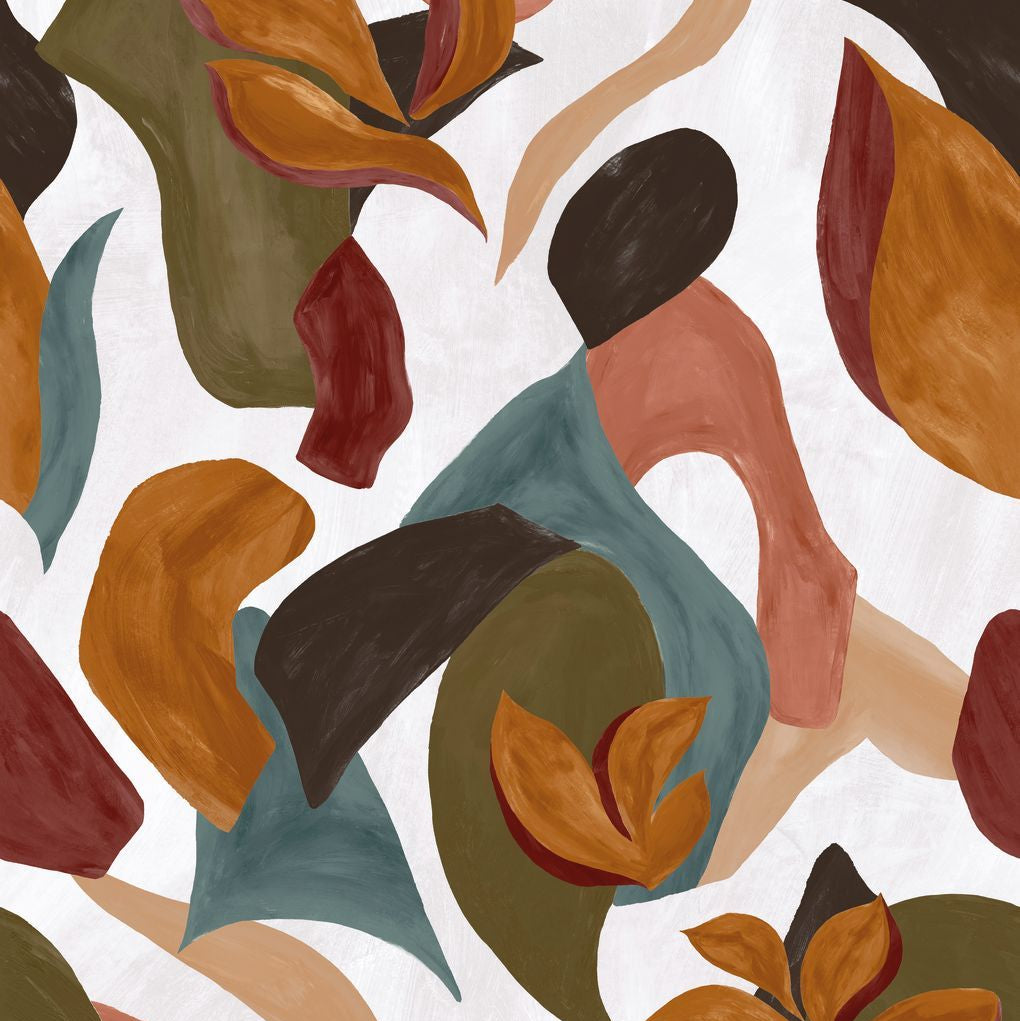 Abstract mural with plant motif MAMBO - WHITE/MULTICO white with orange