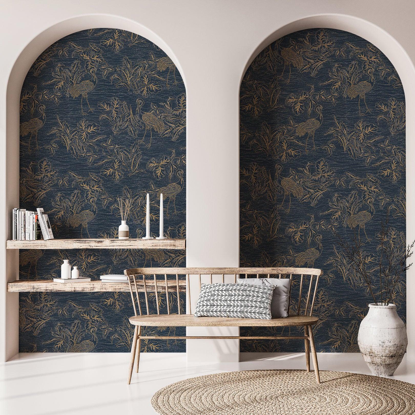 Structural wallpaper with a plant and animal motif MIRADOR - MARINE DORE navy blue with gold