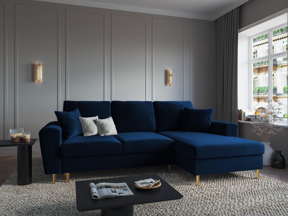 Narożnik prawostronny aksamitny z funkcją spania KYOTO niebieski ze złotą podstawą Cosmopolitan Design    Eye on Design