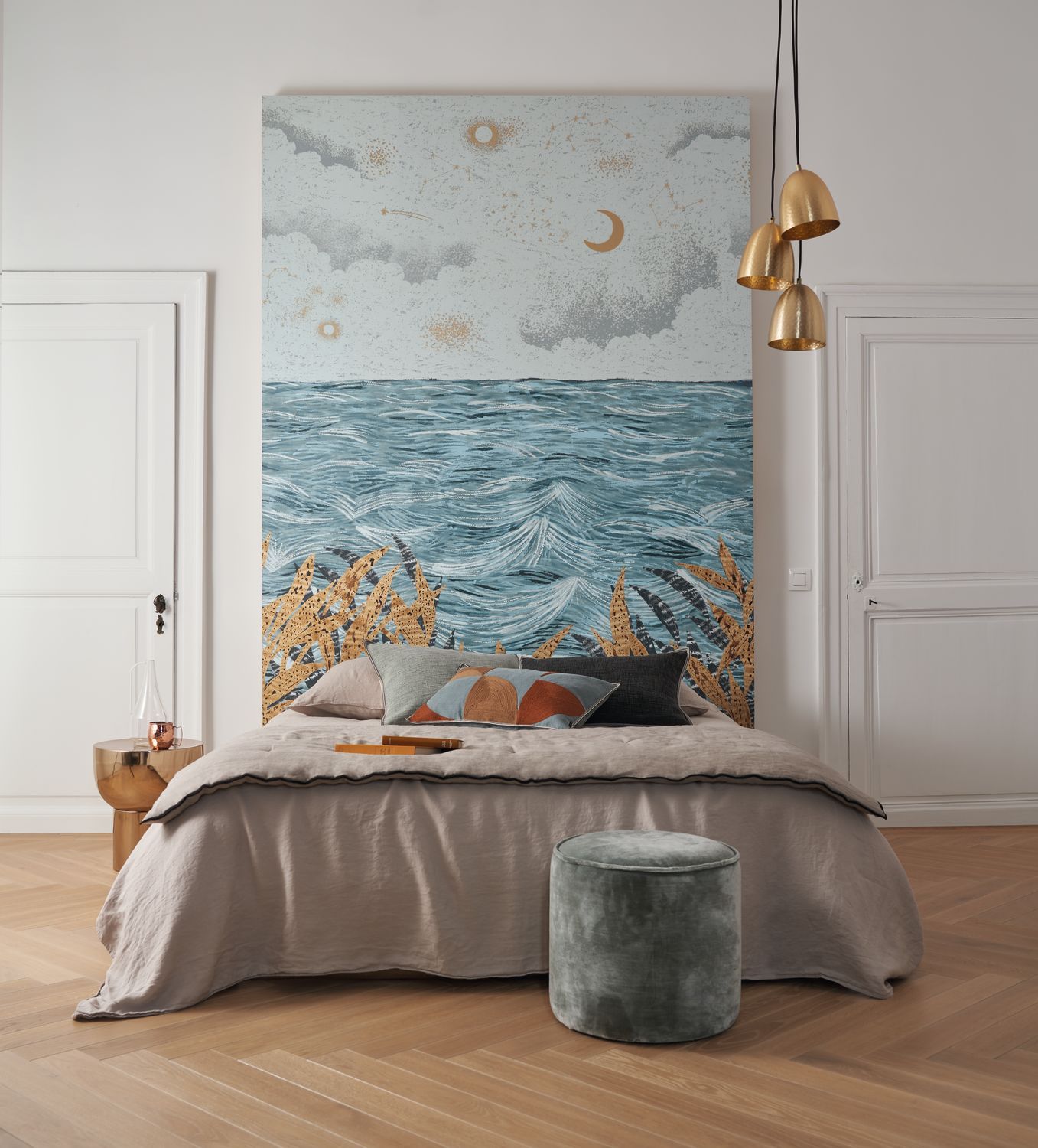Seascape Mural CALLISTO - SKY BLUE/ GOLD beige with blue