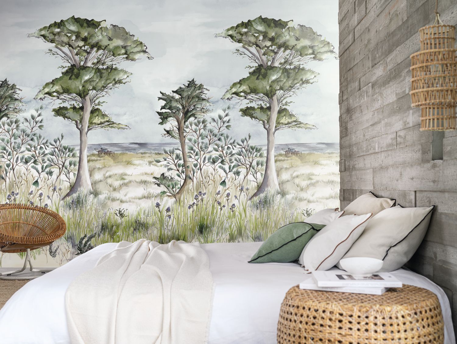 Mural with a coastal plant landscape PORNIC INT - CYPRES/CIEL muted green with blue