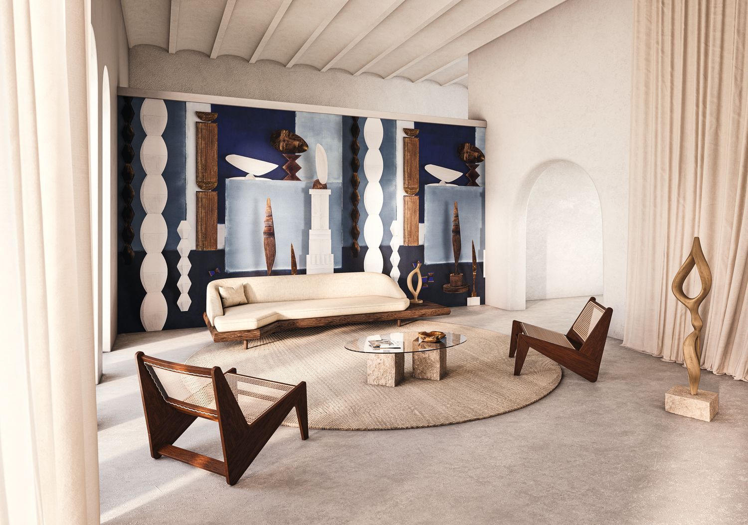 Mural with artistic motif L'ATELIER DE BRANCUSI - EGYPTIAN BLUE blue with white