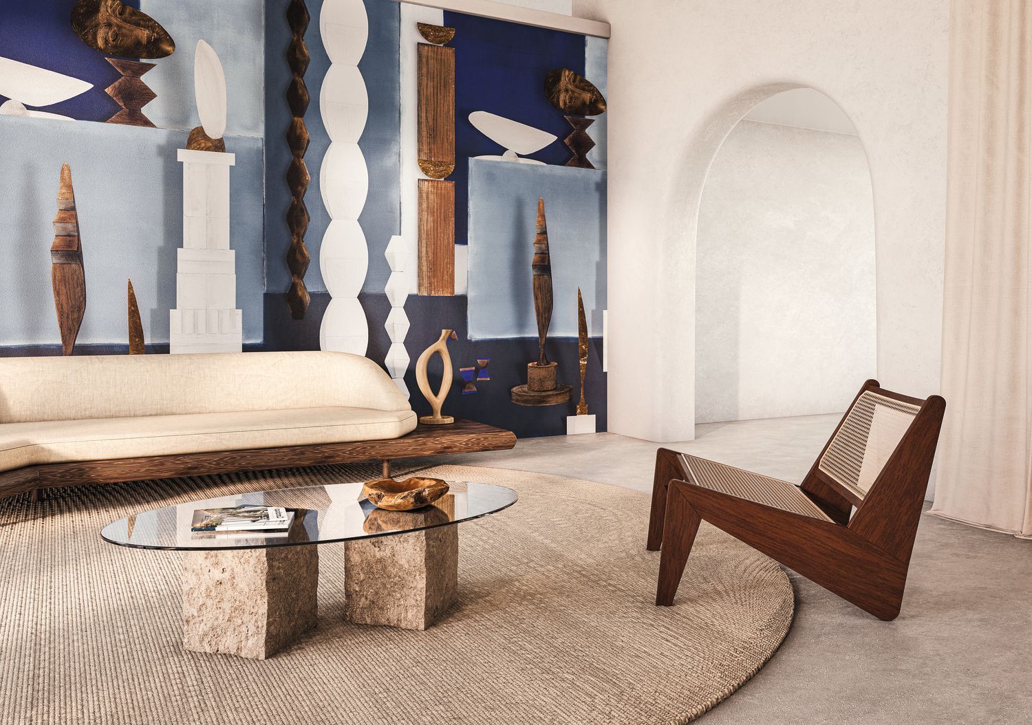 Mural with artistic motif L'ATELIER DE BRANCUSI - EGYPTIAN BLUE blue with white