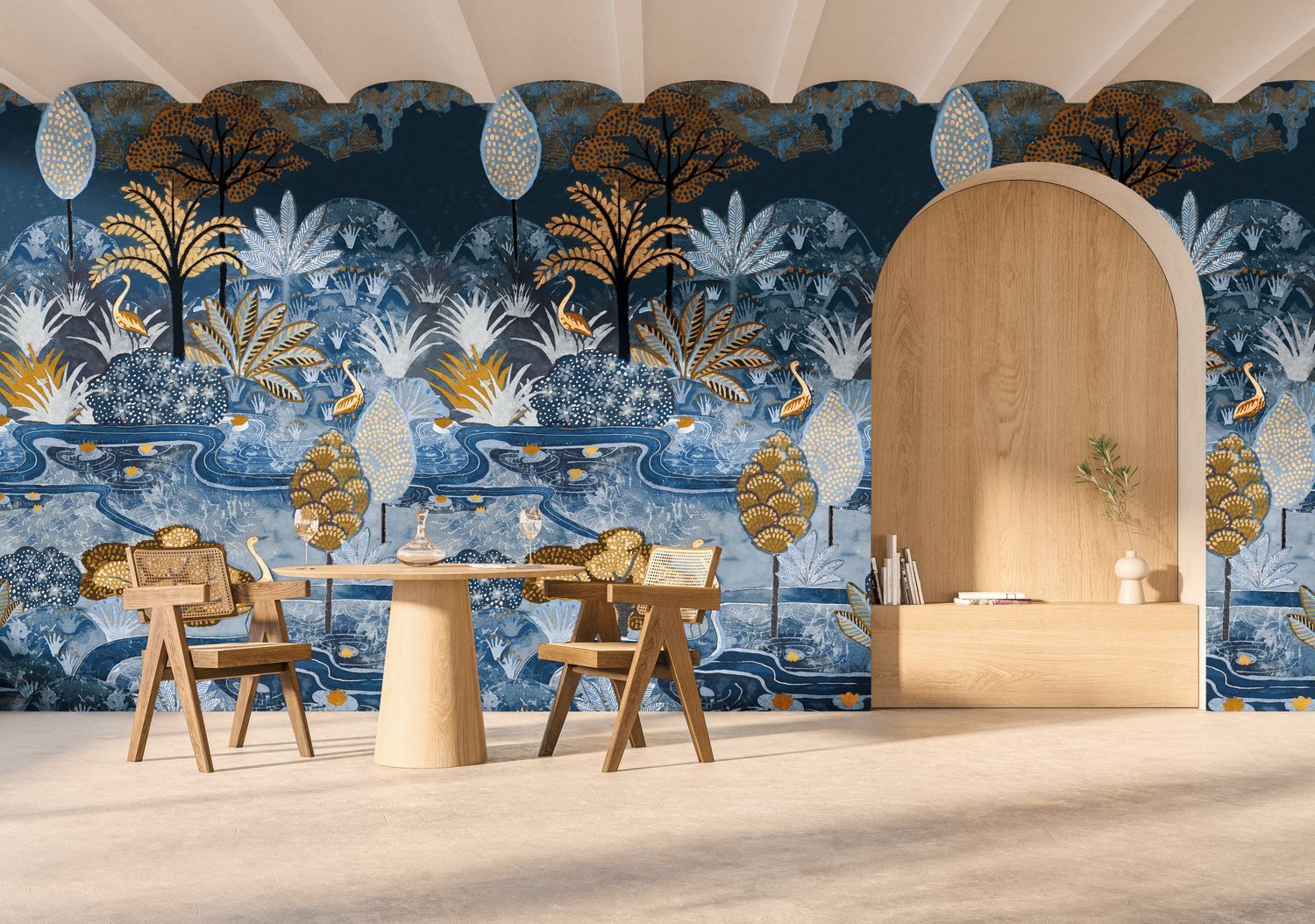 Mural with a plant and animal motif of birds ARUBA - BLEU D'EGYPTE dark blue with yellow