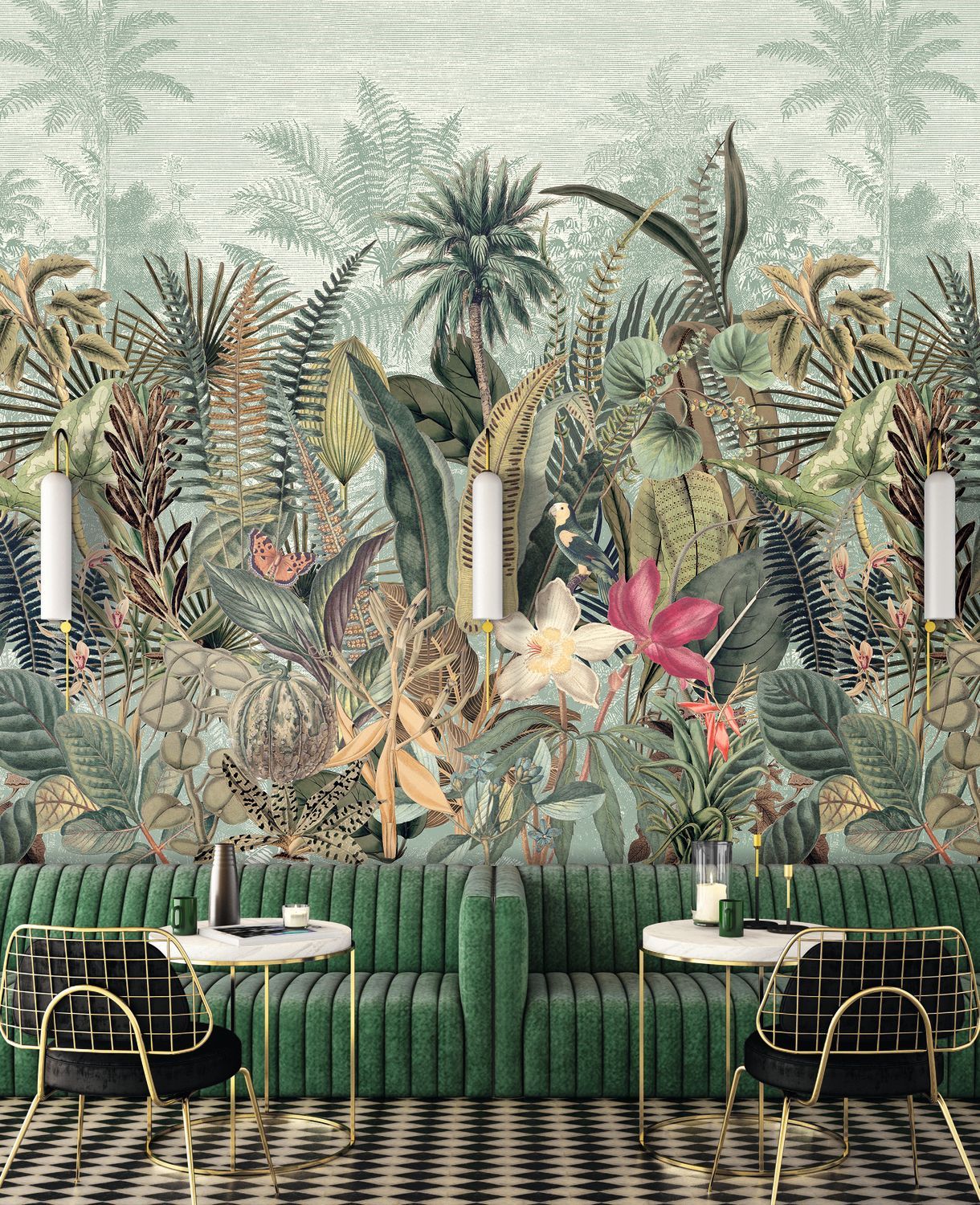 Daintree Plant-Themed Mural - Celadon/Kaki Light Green with Khaki