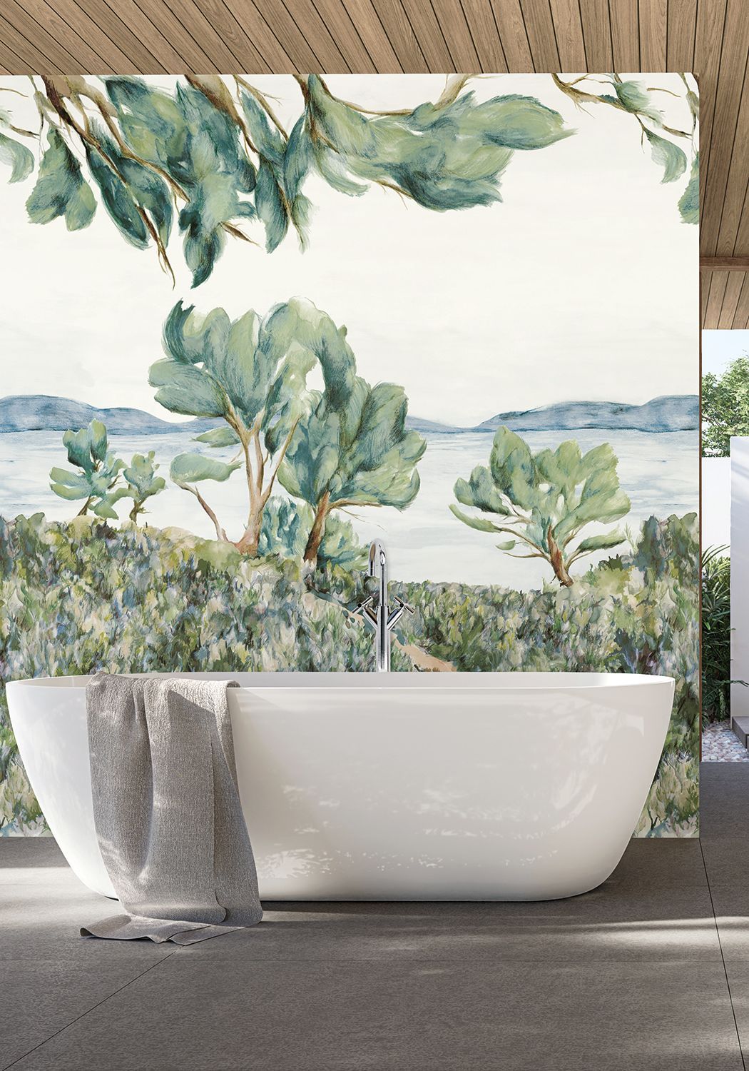 Wandbild mit Pflanzenlandschaft FELIX - SALBEI/CELADON mintgrün mit Blau