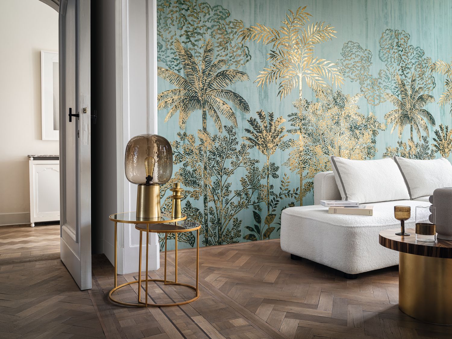 Wandbild mit Pflanzenmotiv Palme SIWA - OPALINE/DORÉ grün mit Gold