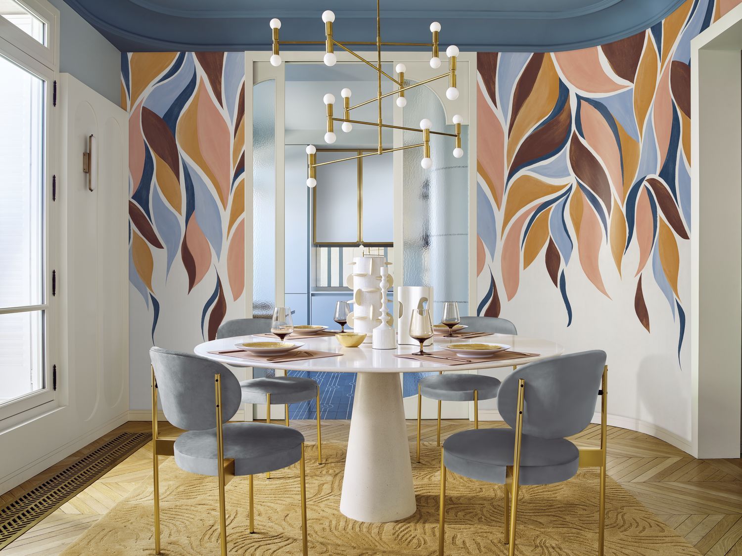 Brown GRACILIS Leaf Plant Motif Mural with Blue