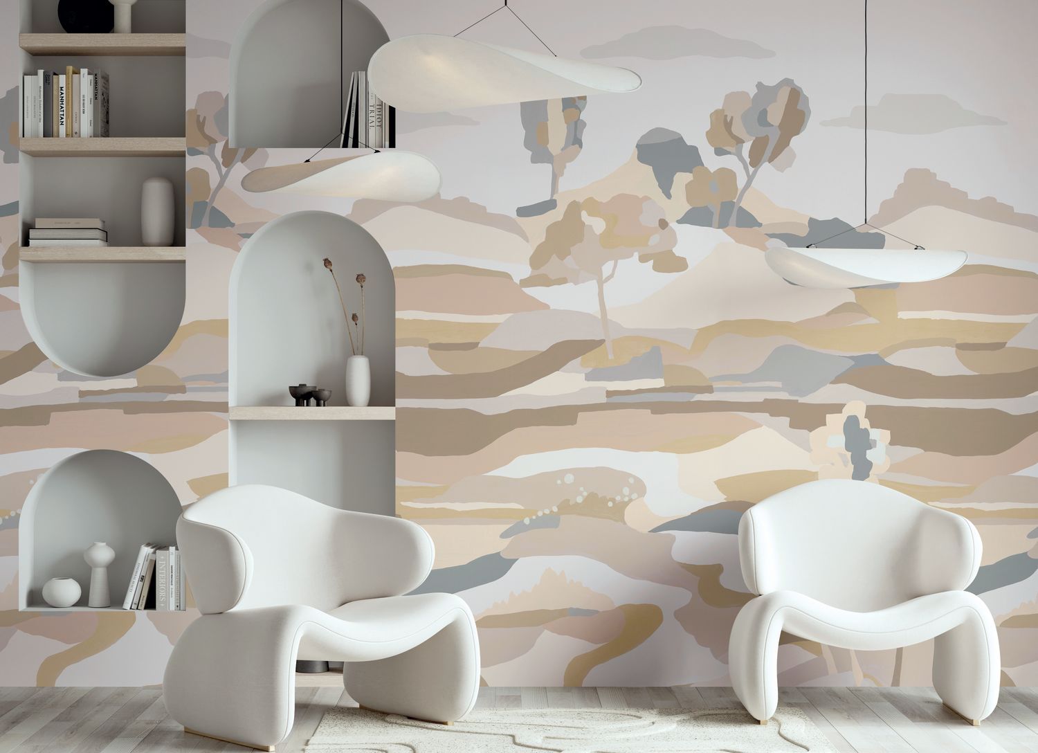 Abstract mural with landscape LE BASSIN light beige